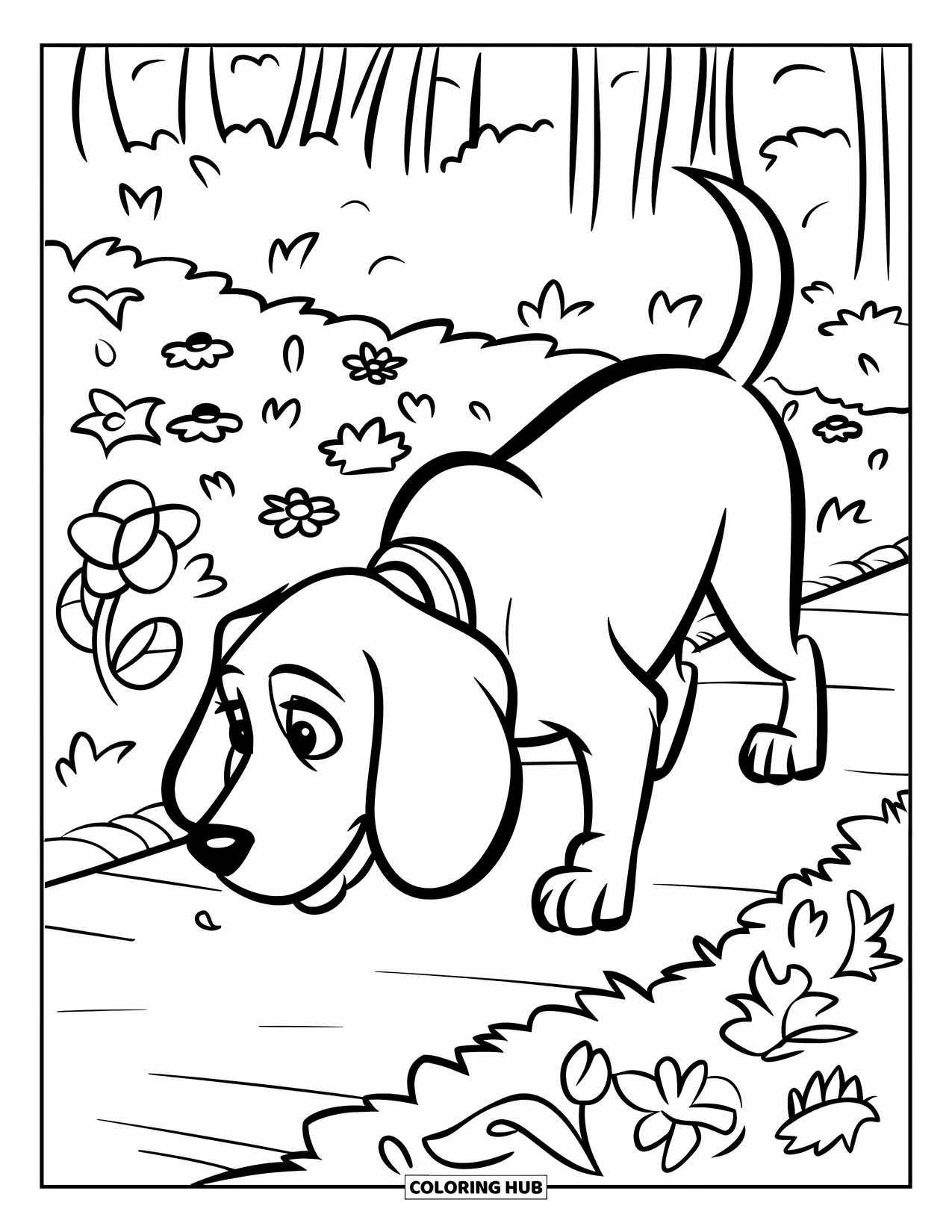 Beagle Coloring Page for Kids: Beagle in a garden full of flowers, standing on a path