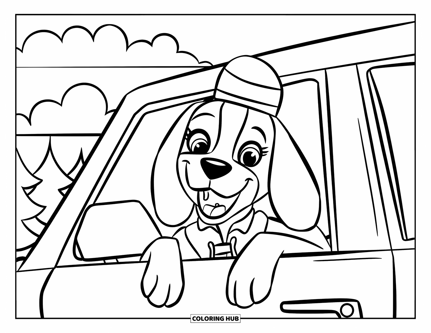 Beagle Coloring Page for Kids: Beagle in a hat with head out the car window, passing trees and clouds