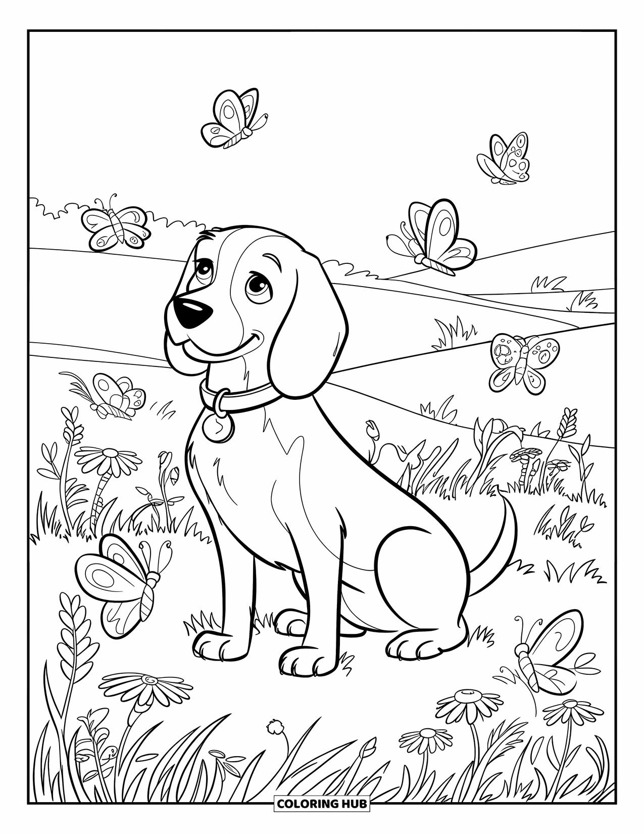 Beagle Coloring Page for Kids: Beagle in a meadow full of blooming flowers and fluttering butterflies