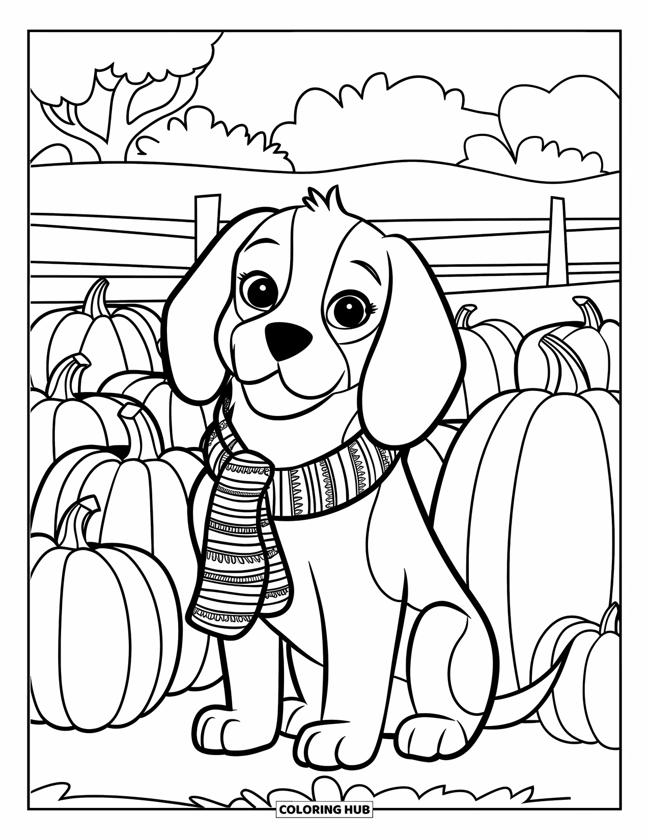 Beagle Coloring Page for Kids: Beagle in a striped scarf among pumpkins and a peaceful countryside scene