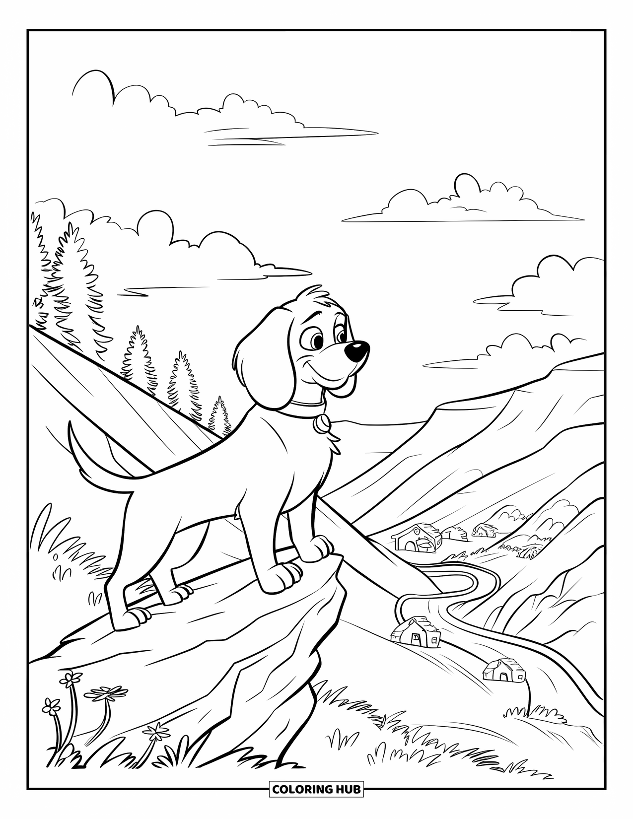 Beagle Coloring Page for Kids: Beagle on a slope with wildflowers looking down at houses and winding roads