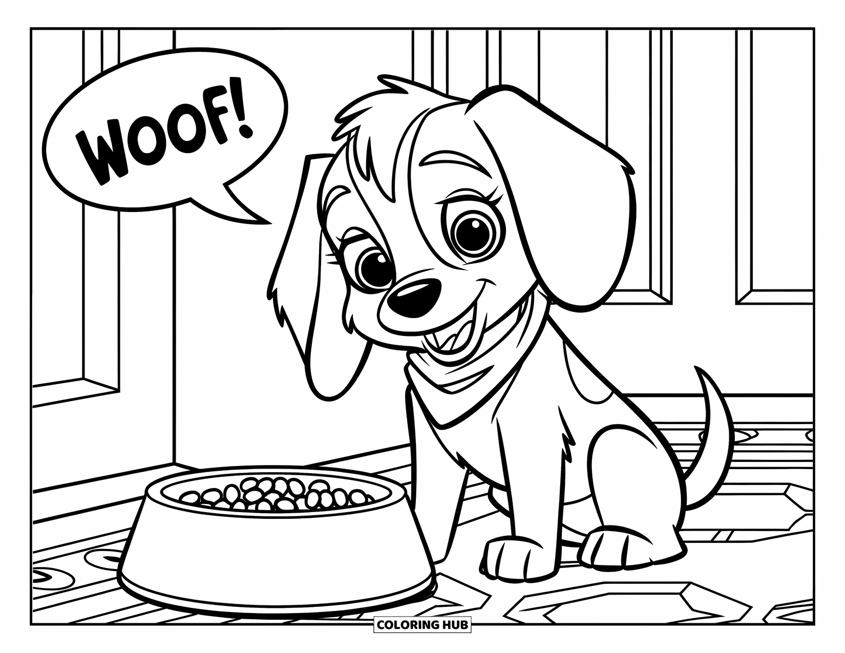 Beagle Coloring Page for Kids: Beagle pup in a scarf by a full bowl, saying "Woof!"