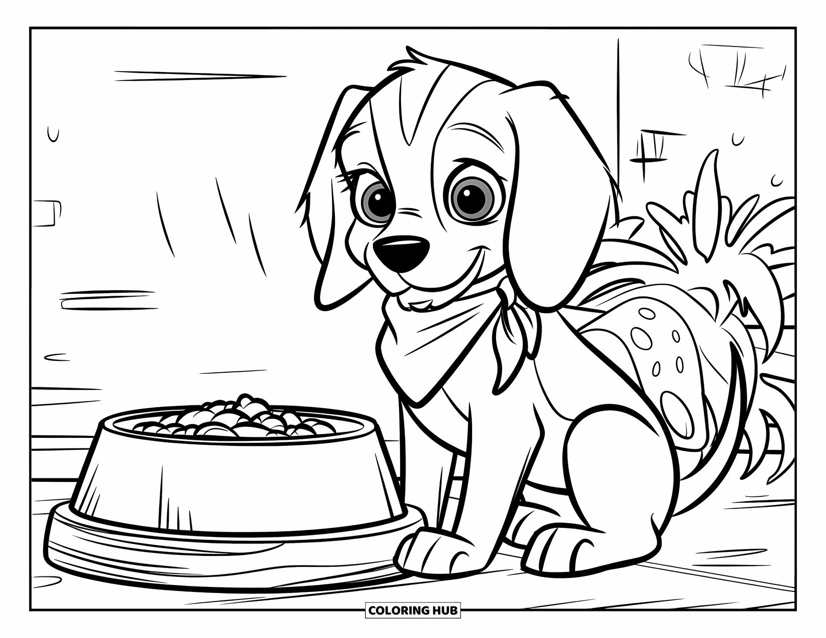 Beagle Coloring Page for Kids: Beagle pup with bright eyes and food nearby on a wooden base