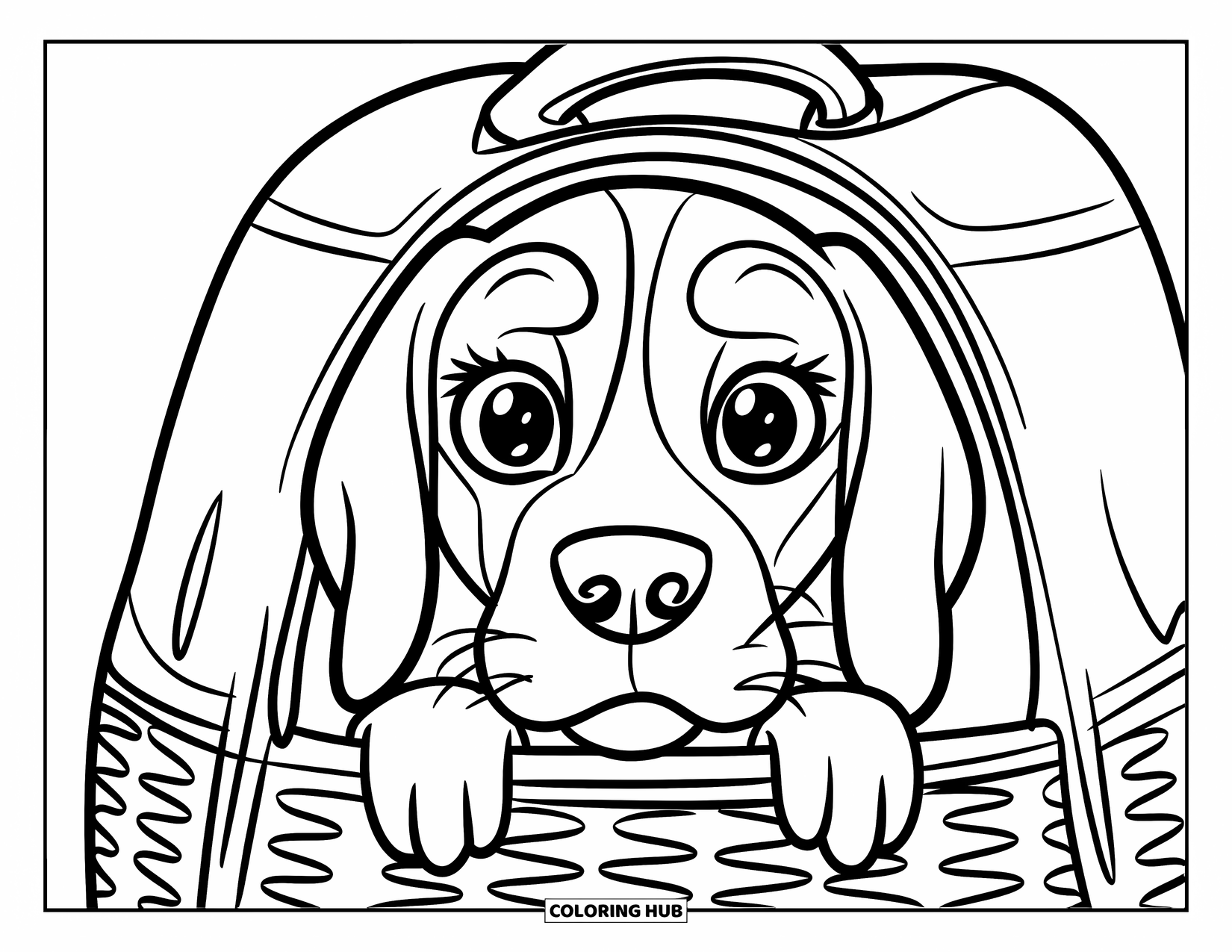 Beagle Coloring Page for Kids: Beagle resting in a basket-style carrier with a friendly look