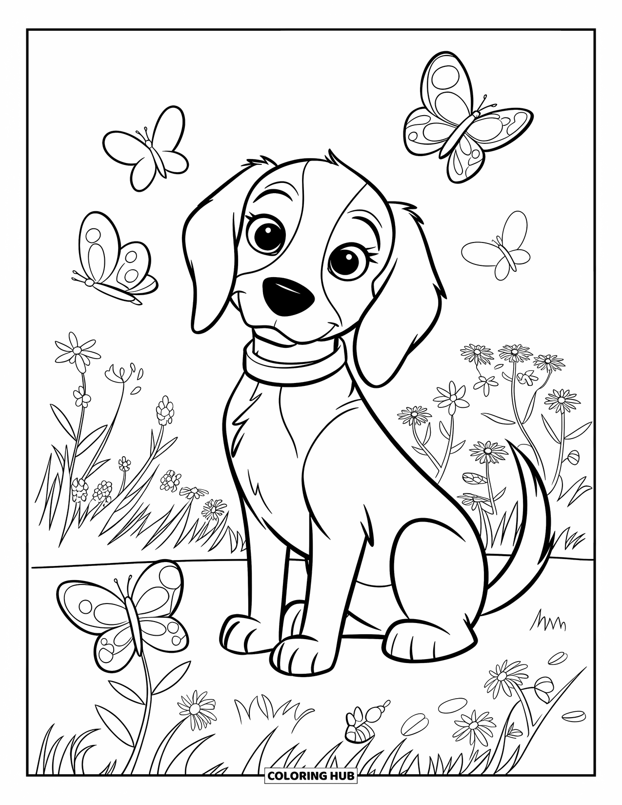 Beagle Coloring Page for Kids: Beagle sitting in a flower-filled meadow with butterflies flying around