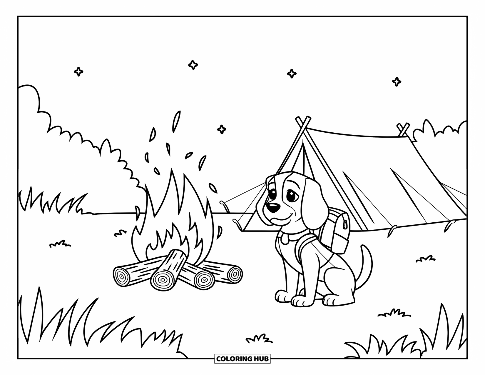 Beagle Coloring Page for Kids: Beagle sitting near a bright campfire and tent under a starry forest sky