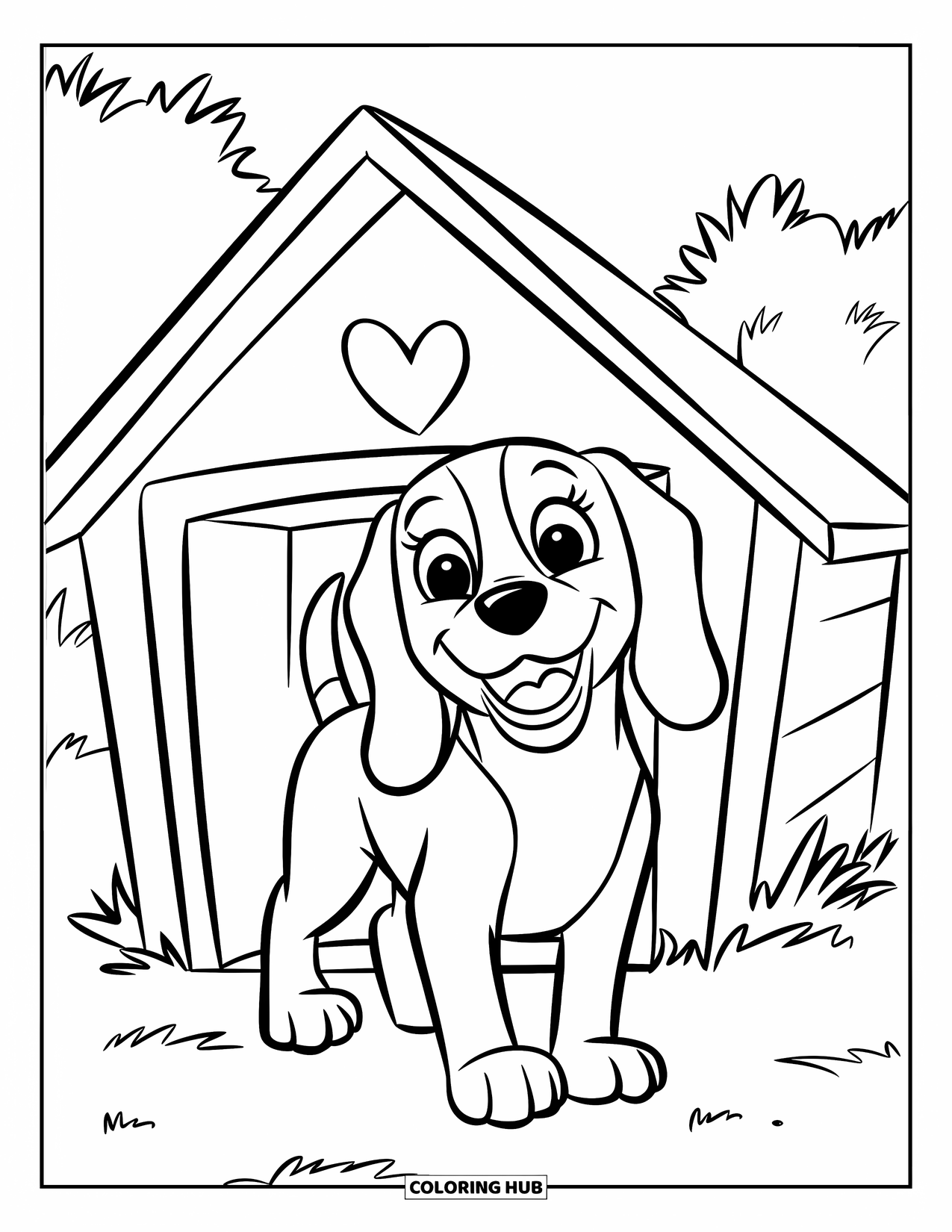 Beagle Coloring Page for Kids: Beagle smiling near a red-heart doghouse in a green field