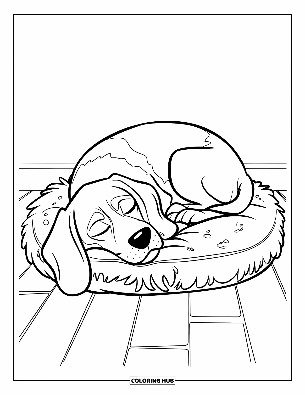 Beagle Coloring Page for Kids: Beagle snoozing peacefully on a cushion on a wooden floor