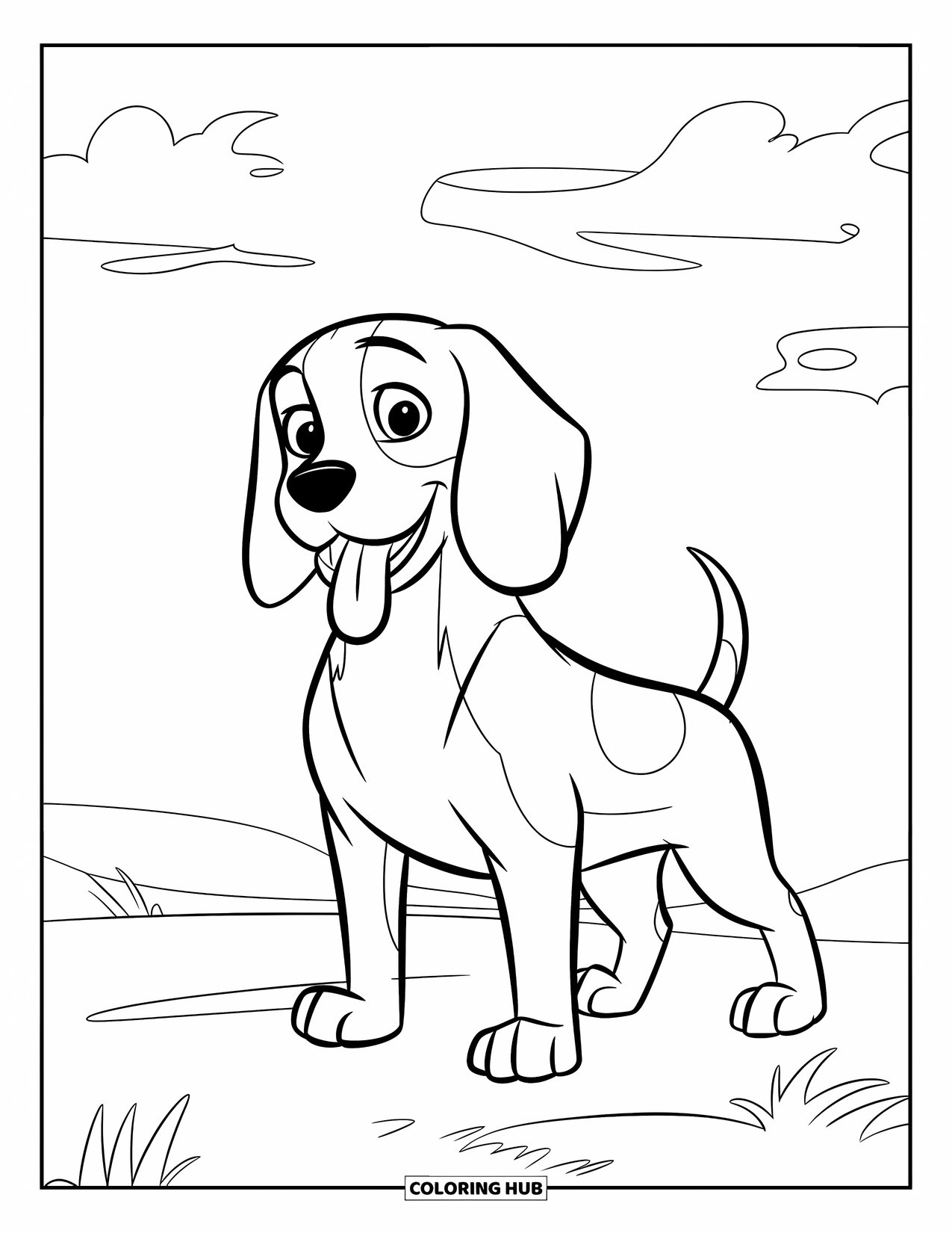 Beagle Coloring Page for Kids: Beagle standing on grass with tongue out and sky above