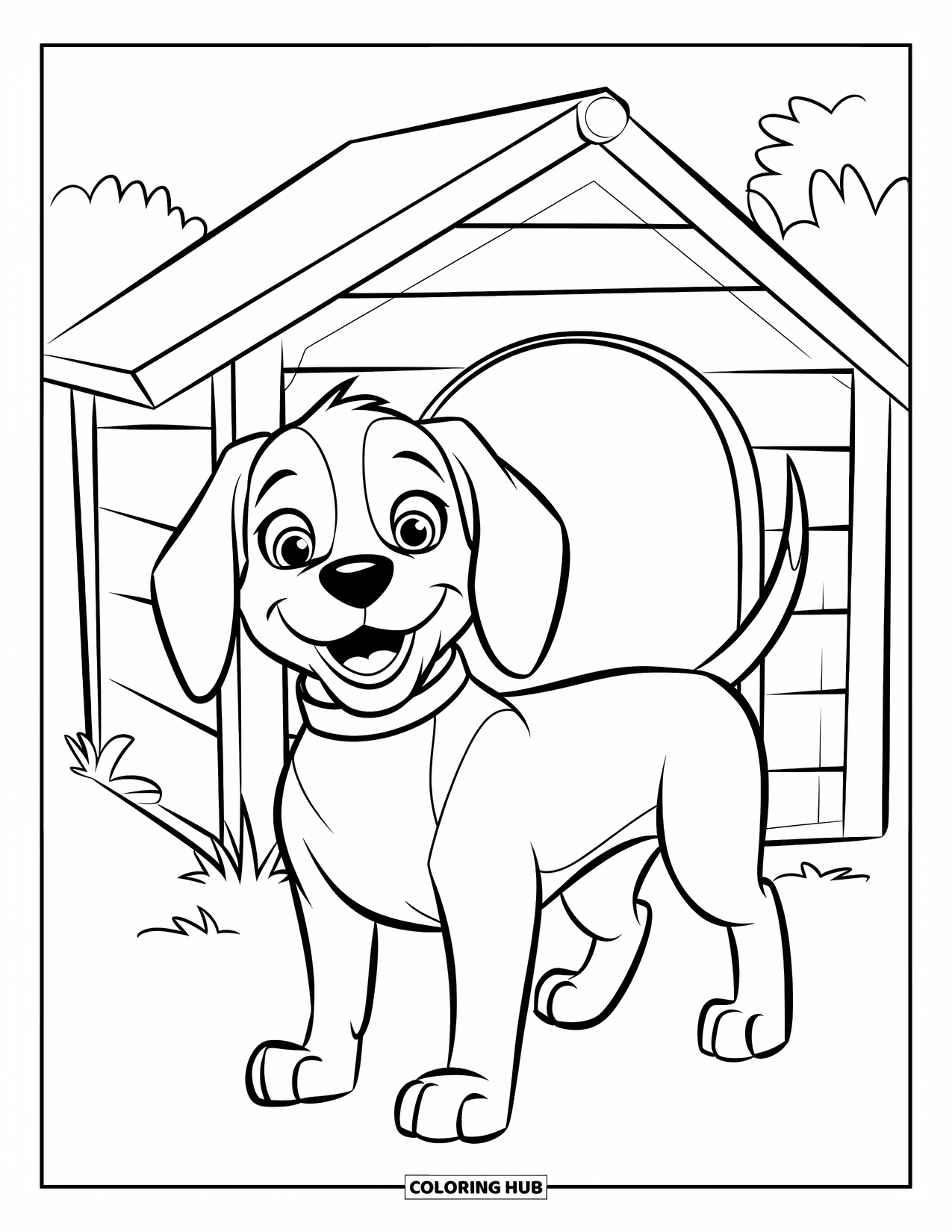 Beagle Coloring Page for Kids: Beagle standing proud near its doghouse on a grassy lawn