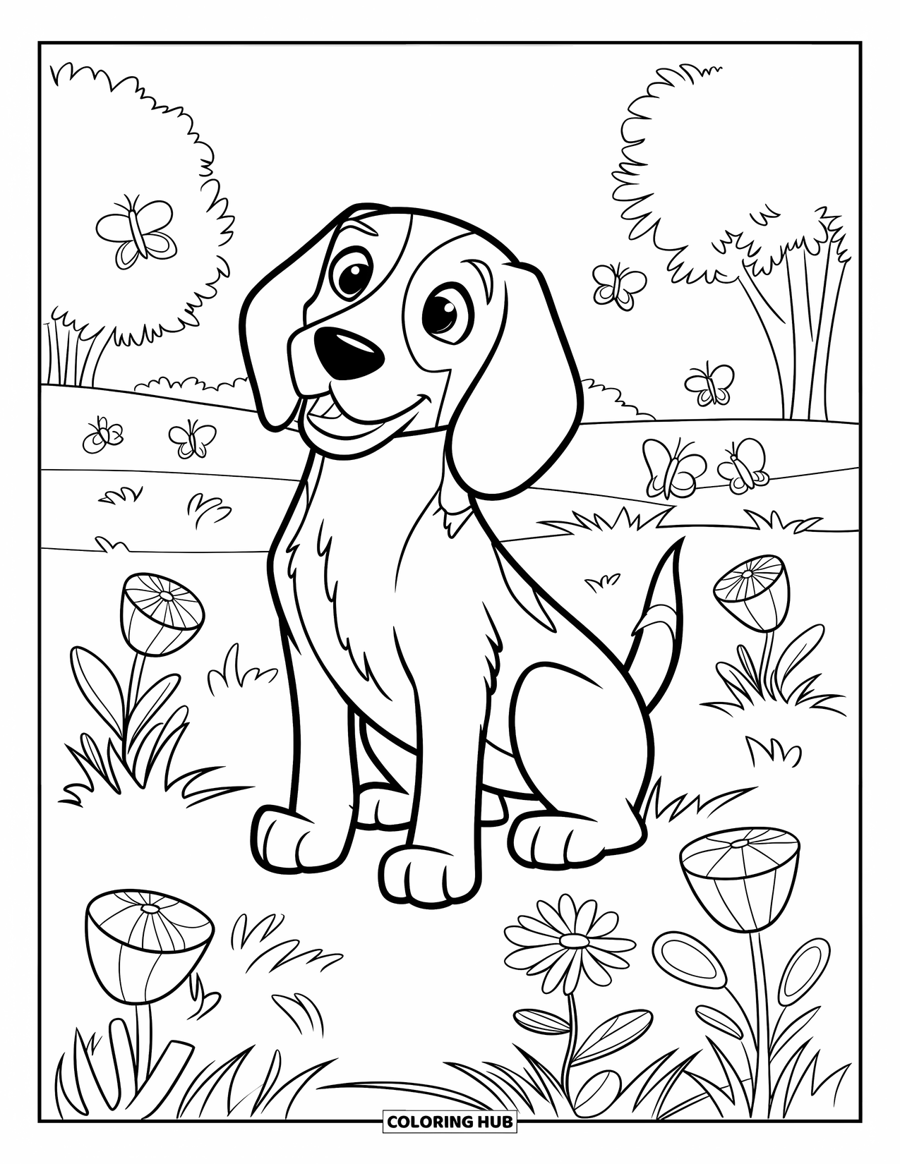 Beagle Coloring Page for Kids: Beagle wagging its tail in a meadow with butterflies and wildflowers