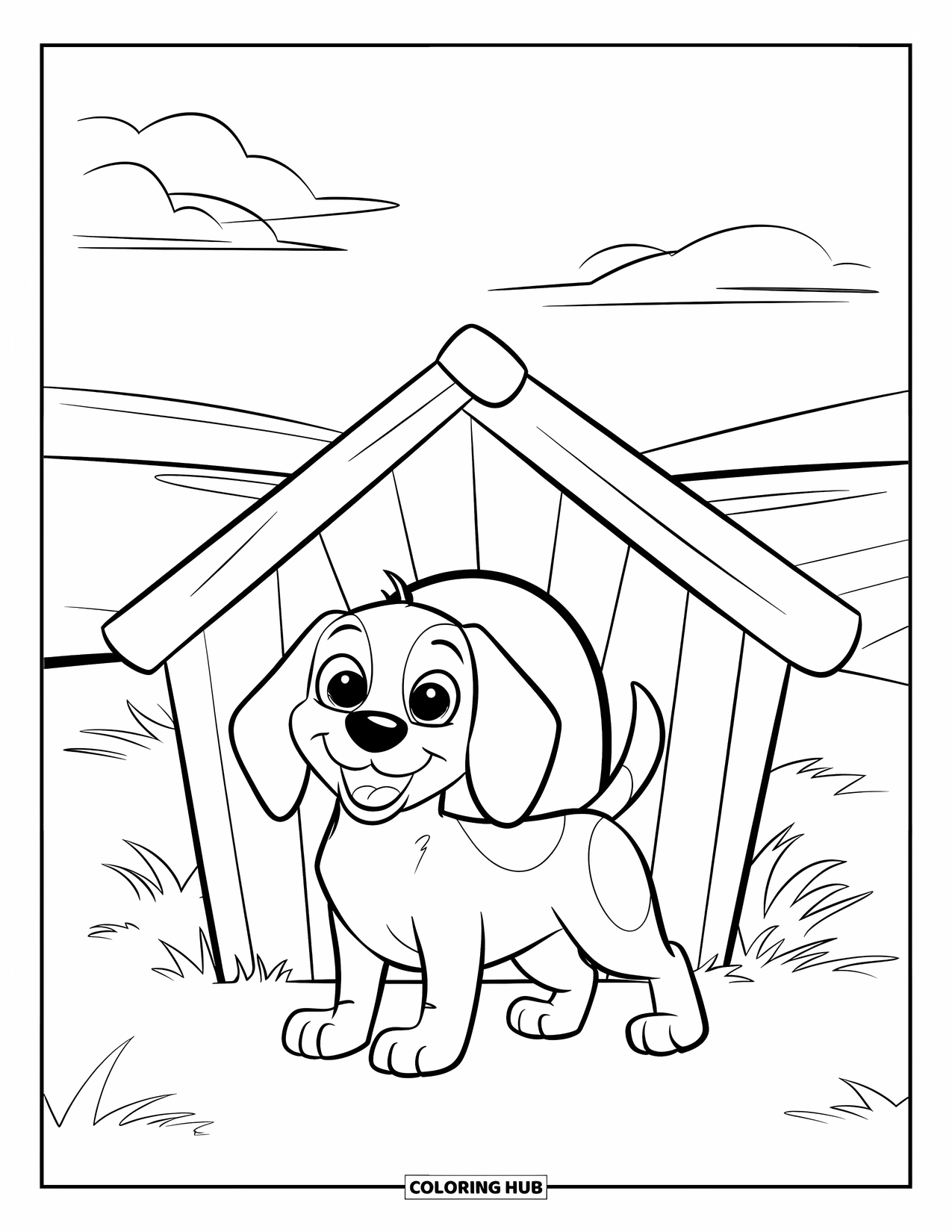 Beagle Coloring Page for Kids: Beagle wagging its tail in front of a red doghouse on grass