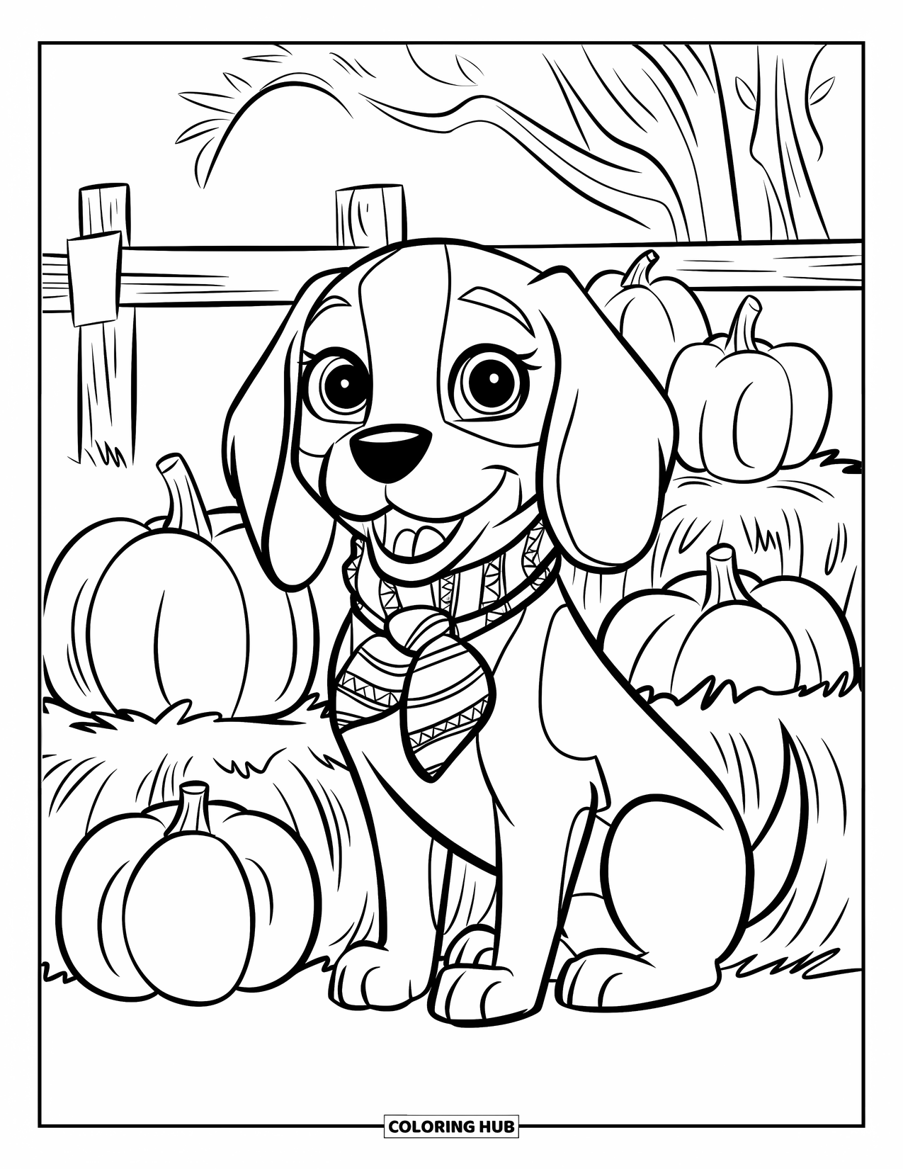 Beagle Coloring Page for Kids: Beagle wearing a scarf, sitting on hay beside a pumpkin patch and fence