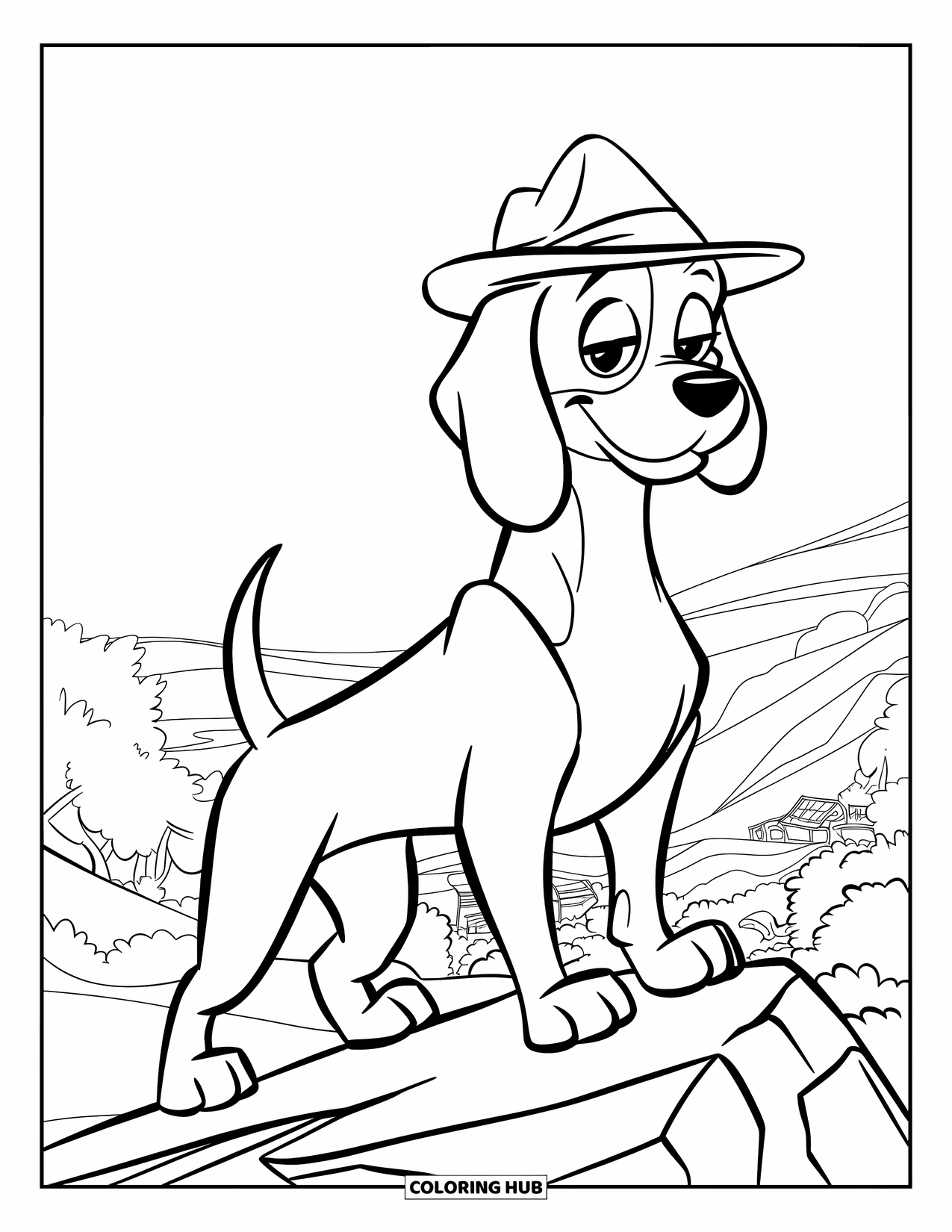 Beagle Coloring Page for Kids: Beagle with a hat standing on a rock, gazing over a green valley