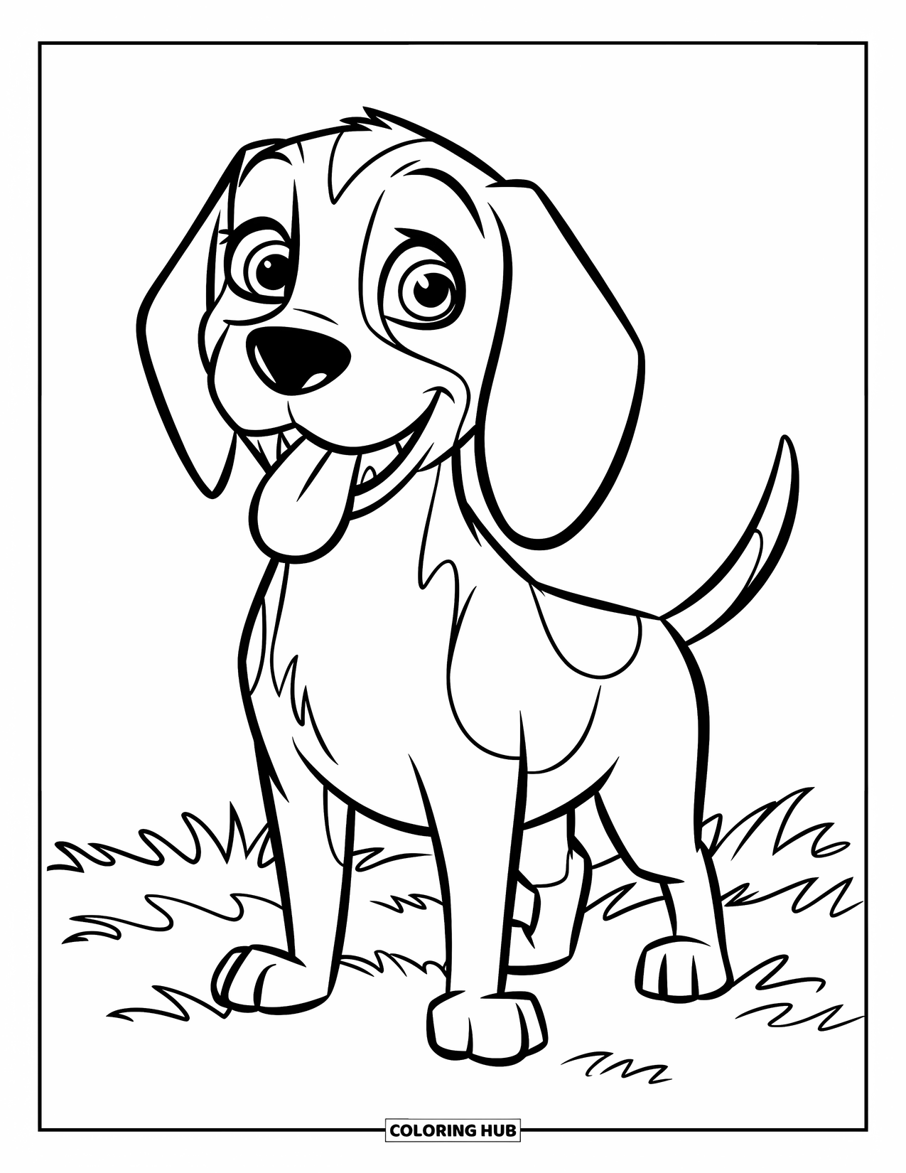 Beagle Coloring Page for Kids: Beagle with floppy ears and tongue out, standing in the grass