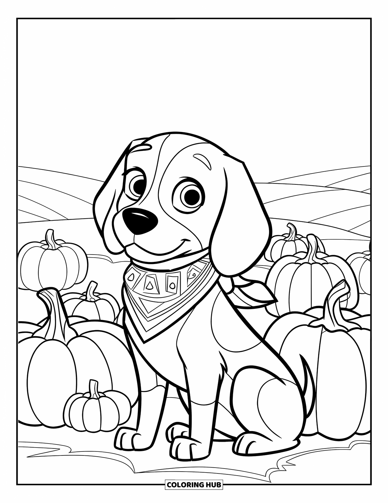 Beagle Coloring Page for Kids: Beagle with perked ears by pumpkins, some with carved faces