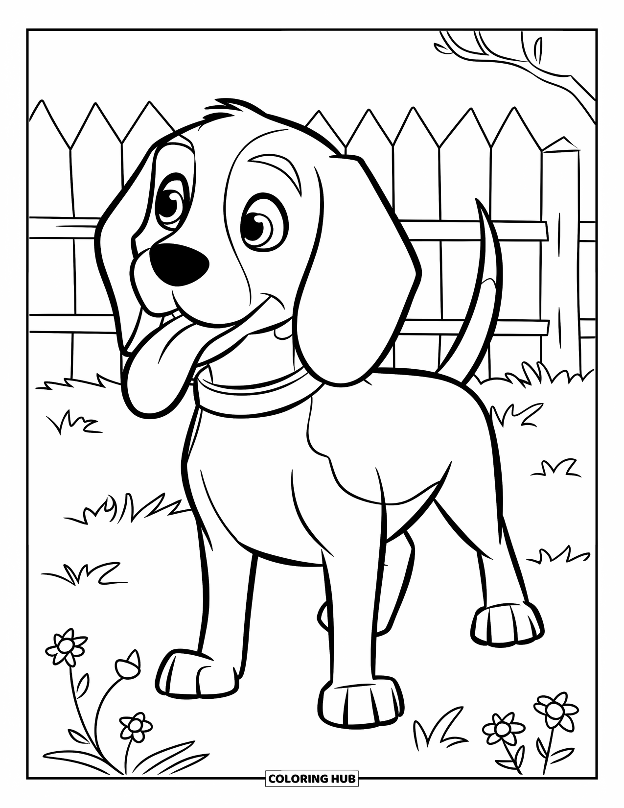 Beagle Coloring Page for Kids: Beagle with tongue out standing in a field with flowers and fence