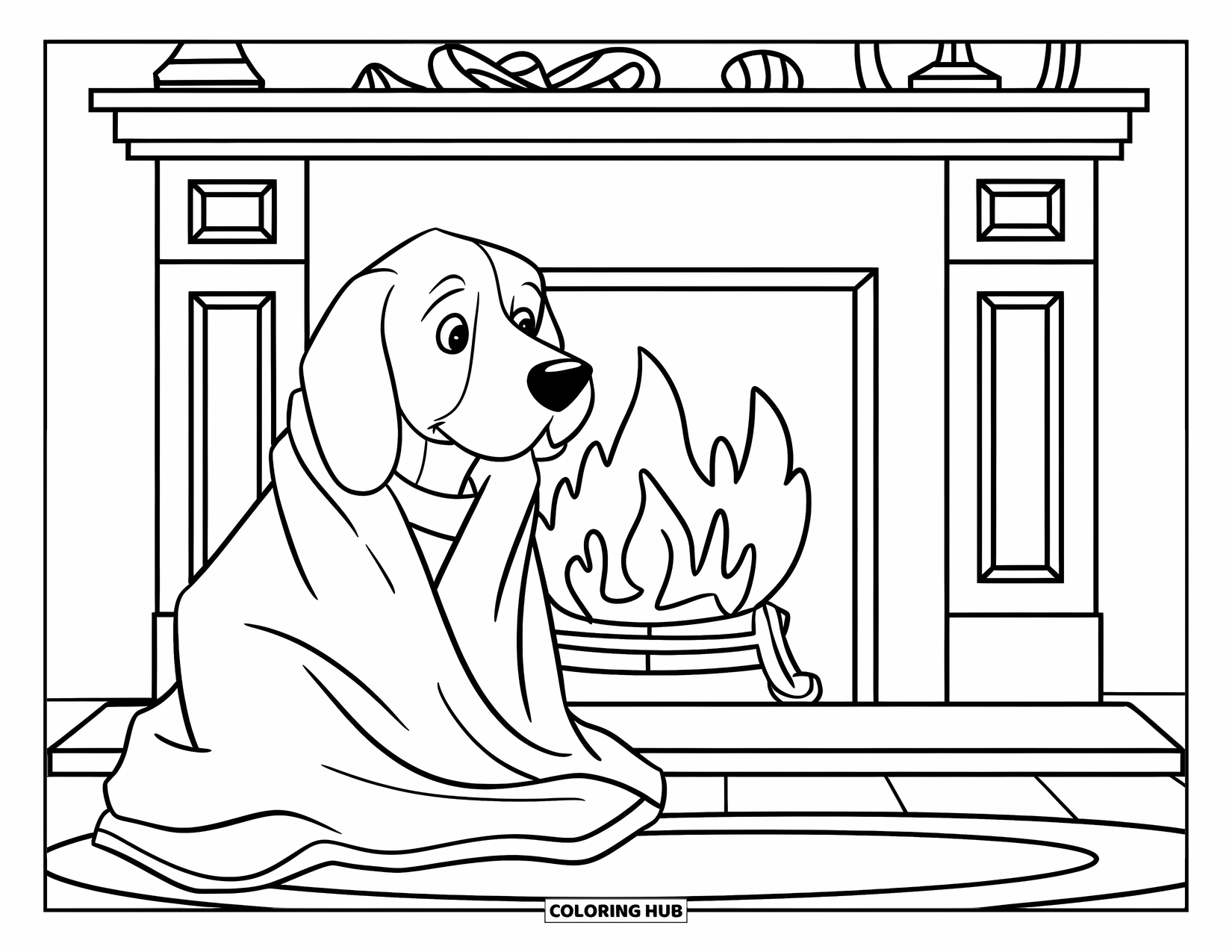 Beagle Coloring Page for Kids: Beagle wrapped in a blanket, sitting beside a cozy fireplace