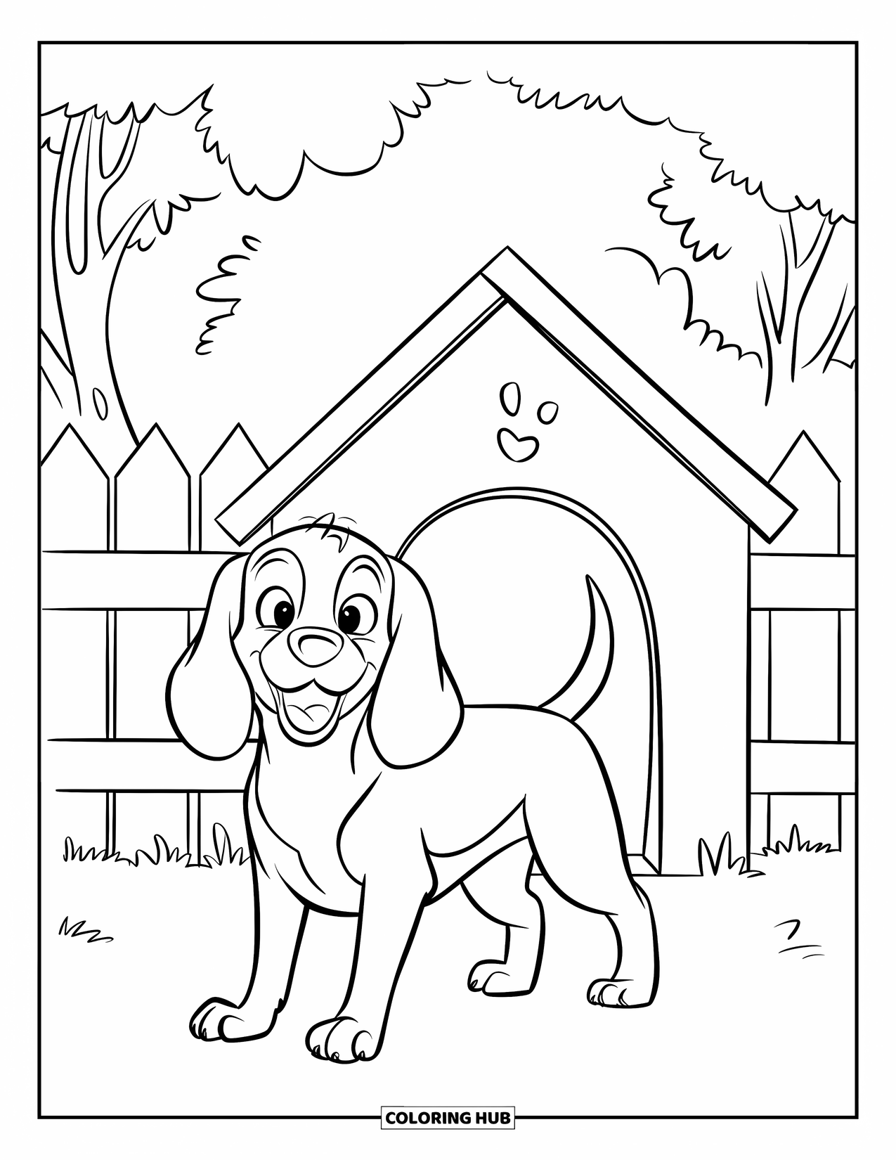 Beagle Coloring Page for Kids: Happy beagle by its doghouse and a fence in the distance