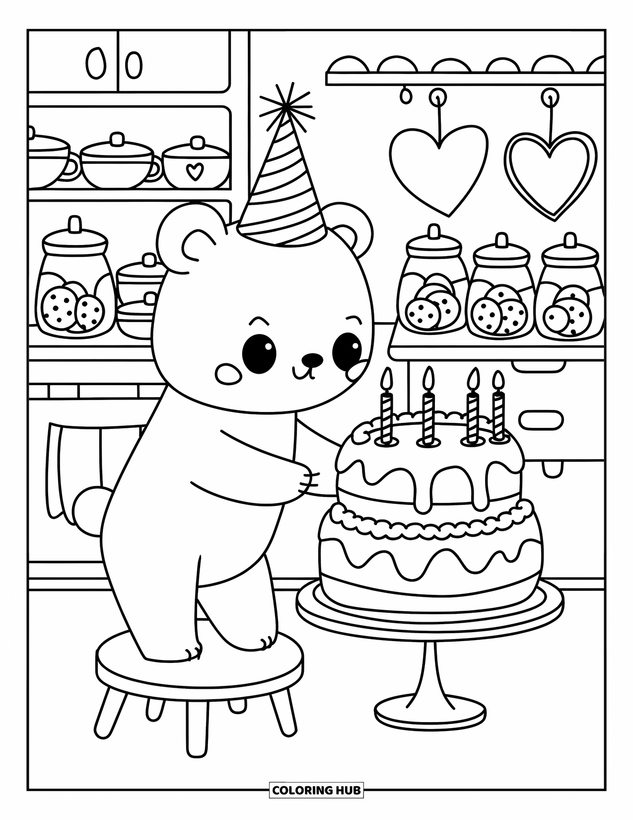 Birthday Cake Coloring Page for Adults: A bear in a warm kitchen finishes decorating a cake surrounded by cozy little details