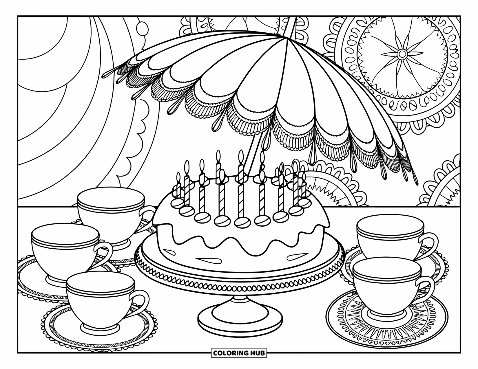 Birthday Cake Coloring Page for Adults: A birthday cake with candles rests under a parasol, surrounded by teacups and doilies