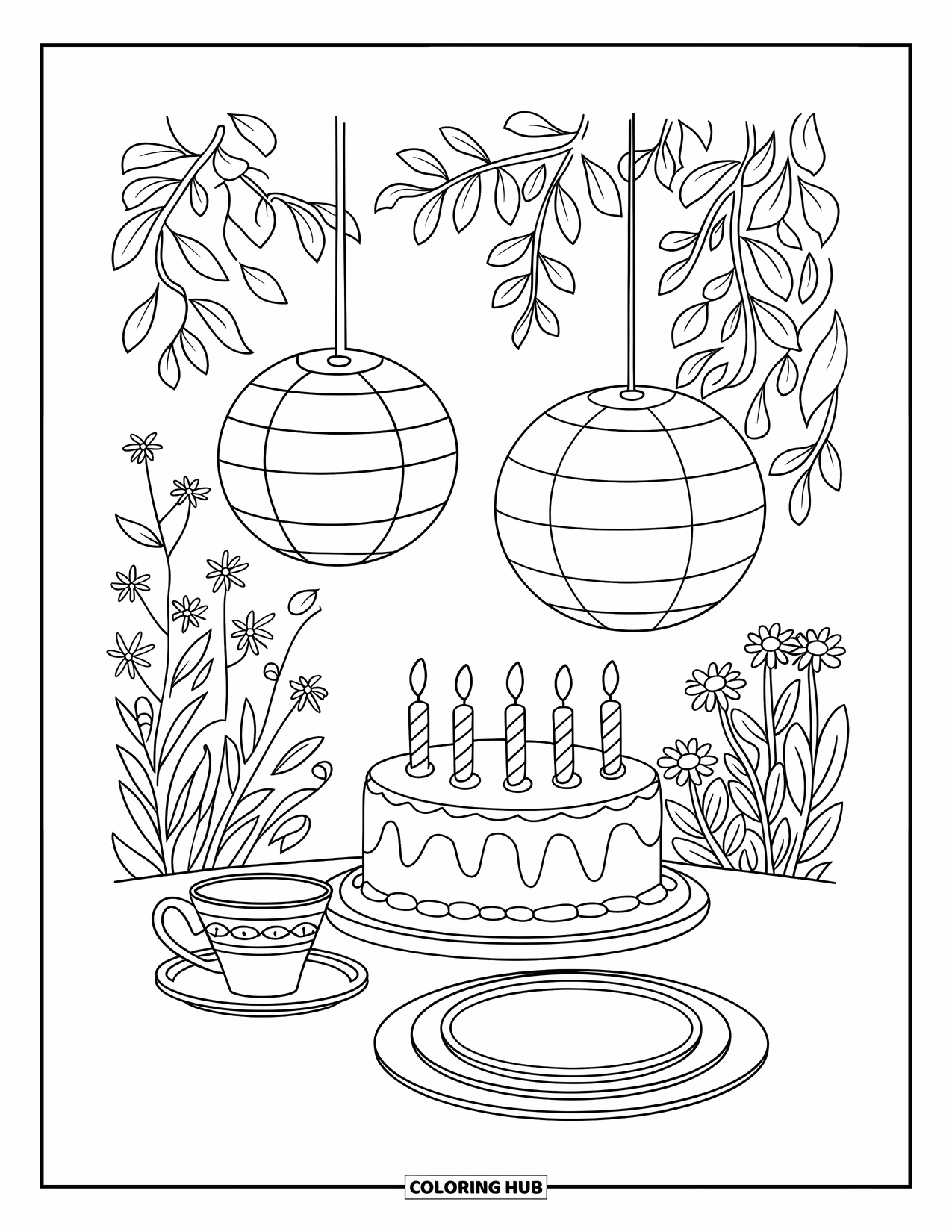 Birthday Cake Coloring Page for Adults: A birthday table with cake, teacup, and lanterns rests among flowers and greenery
