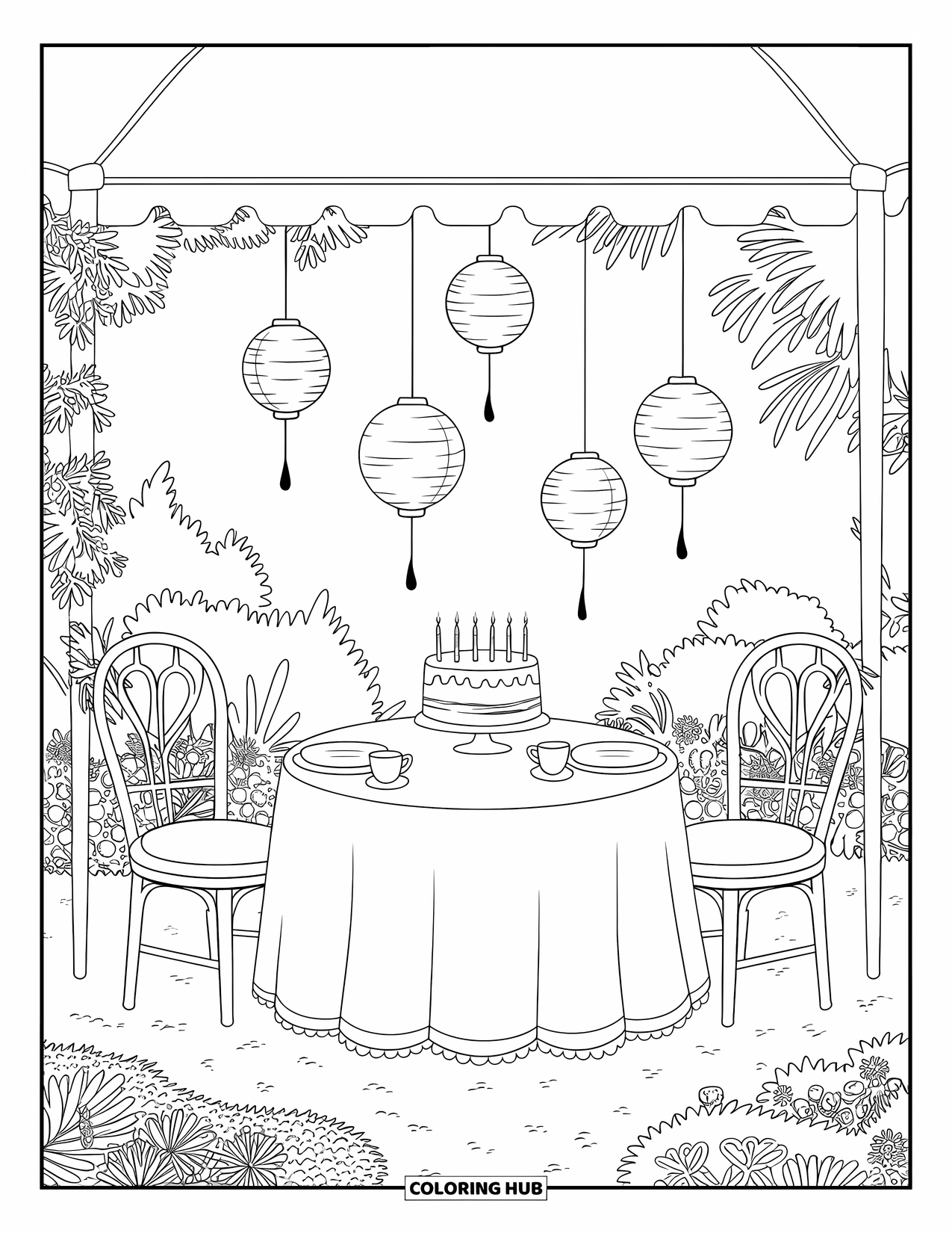 Birthday Cake Coloring Page for Adults: A cake and teacup sit under a tent surrounded by lanterns and blooming plants
