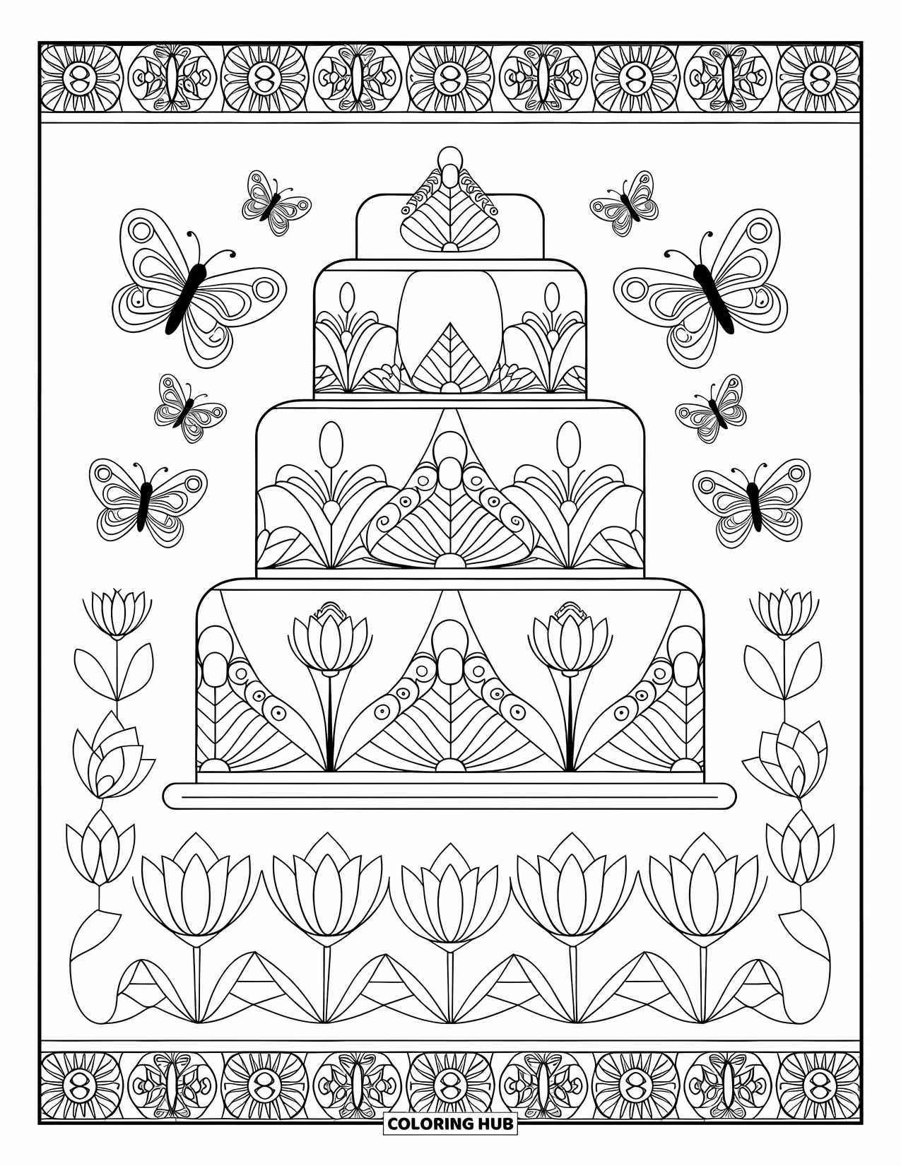 Birthday Cake Coloring Page for Adults: A cake surrounded by butterflies and lotus flowers sits within an ornate patterned border