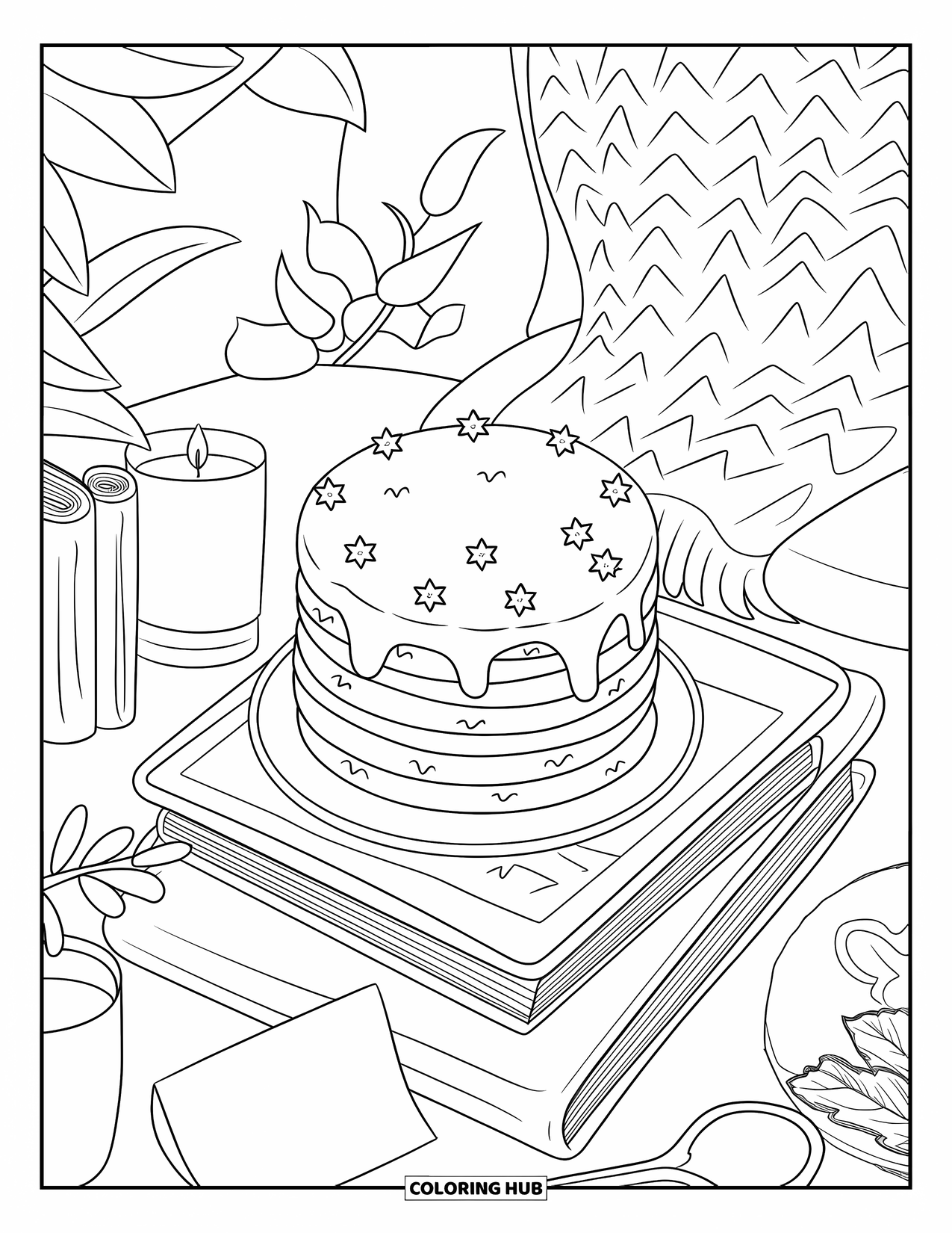 Birthday Cake Coloring Page for Adults: A cake with stars rests on a book stack near a candle in a cozy nook