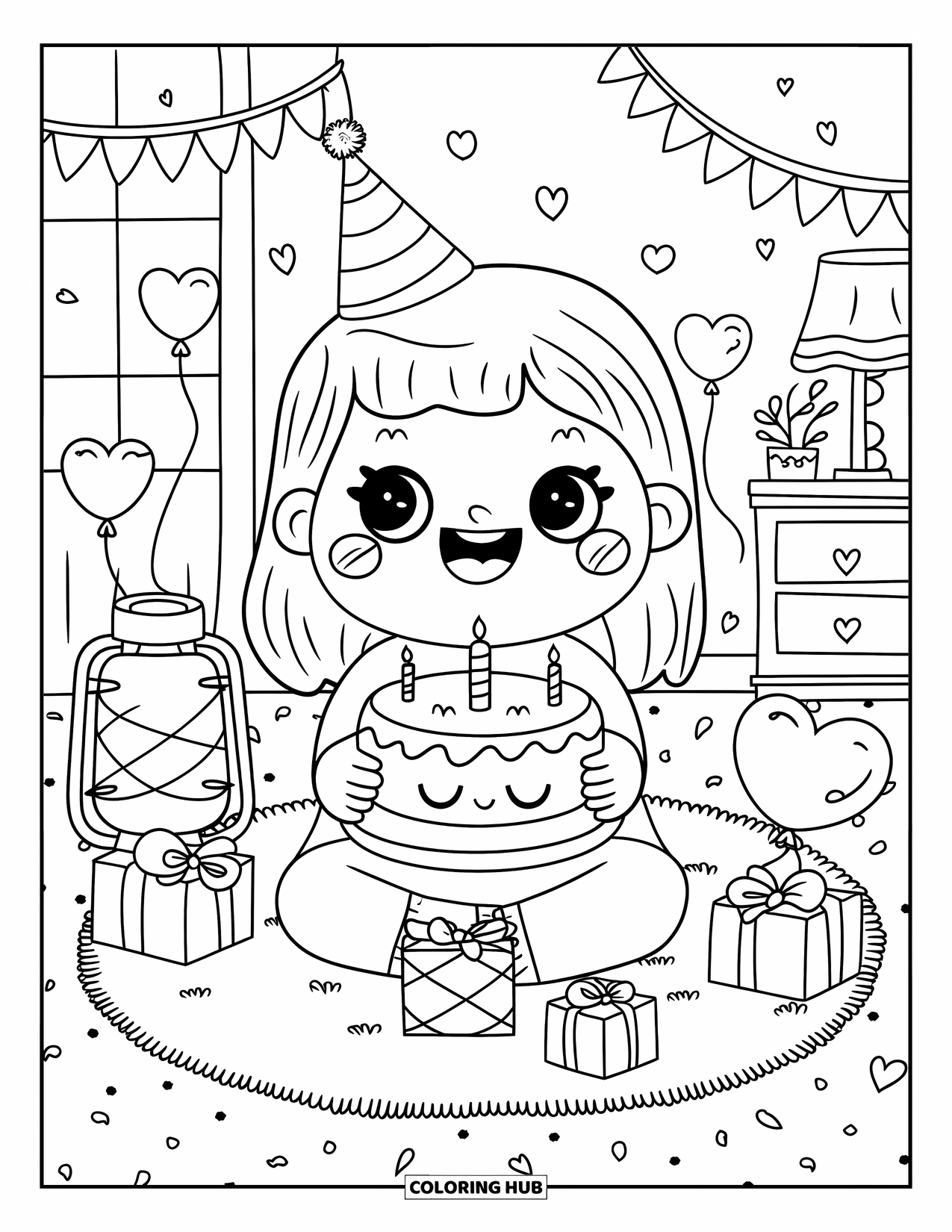 Birthday Cake Coloring Page for Adults: A cheerful girl holds a birthday cake in a cozy room filled with sweet little details