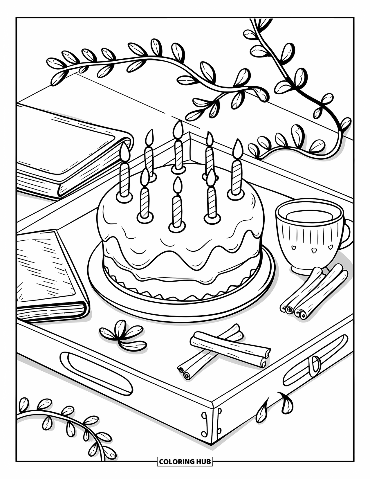Birthday Cake Coloring Page for Adults: A cozy tray holds a cake, book, tea, and cinnamon sticks surrounded by leafy vines