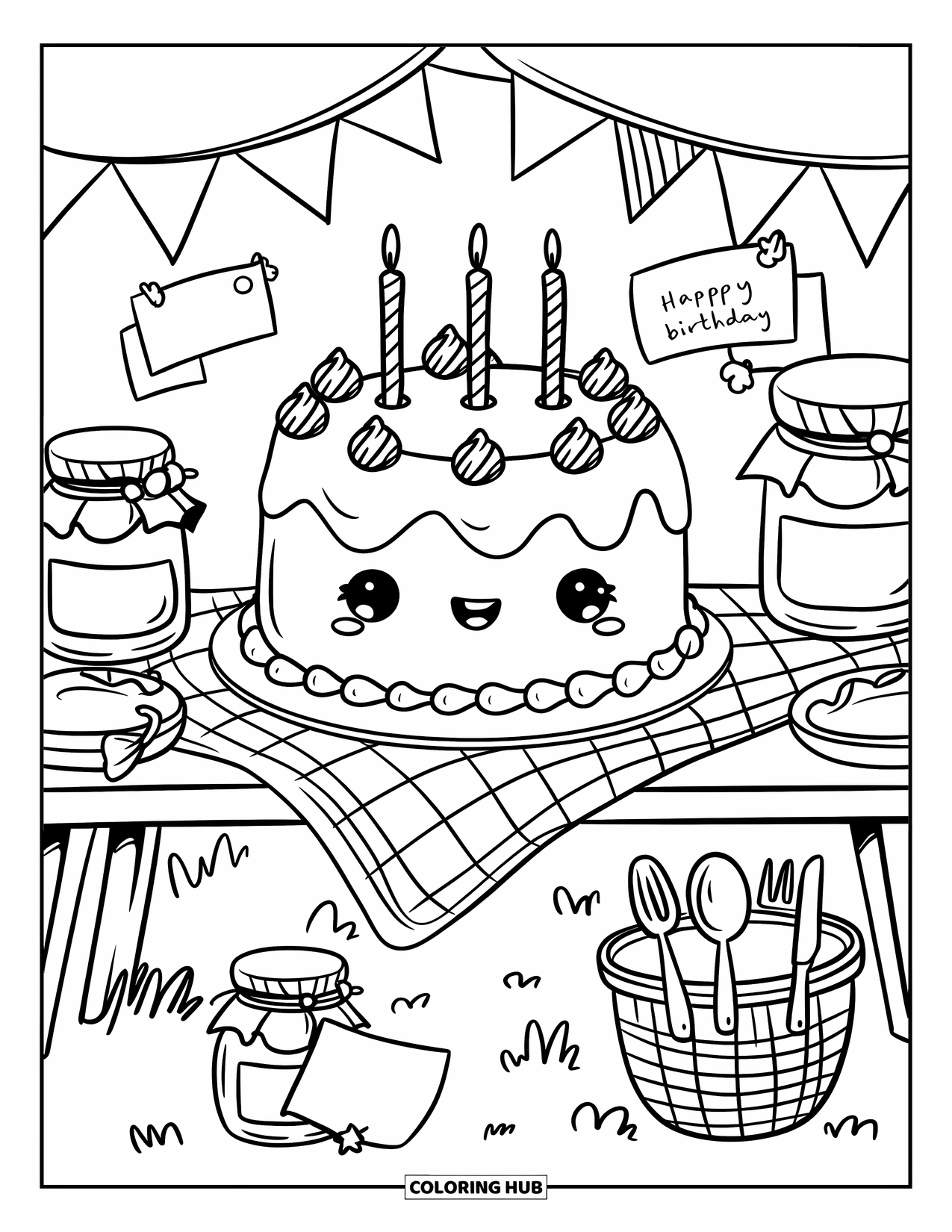 Birthday Cake Coloring Page for Adults: A cute cake sits on a bench with jam jars, birthday notes, and picnic goodies