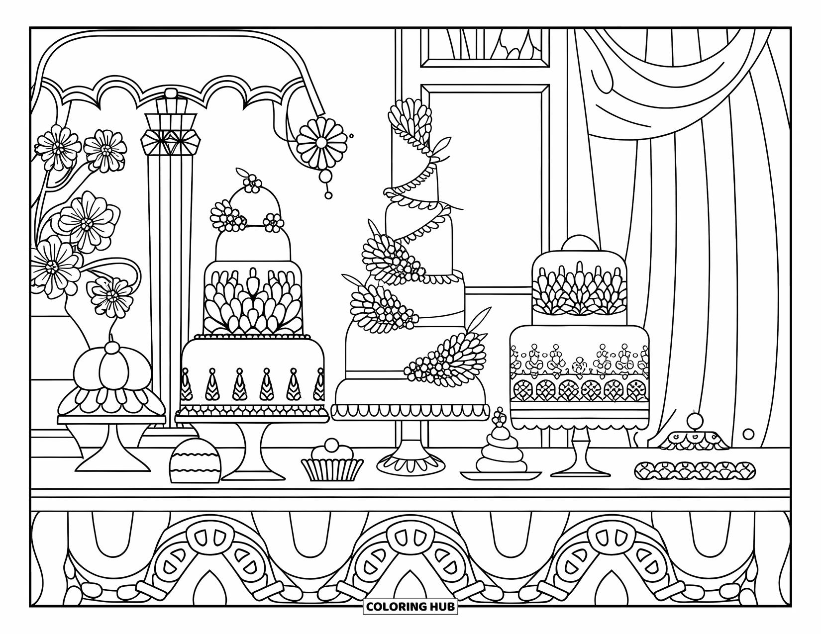 Birthday Cake Coloring Page for Adults: A dessert table with cakes and pastries is set near flowers, a curtain, and a lamp