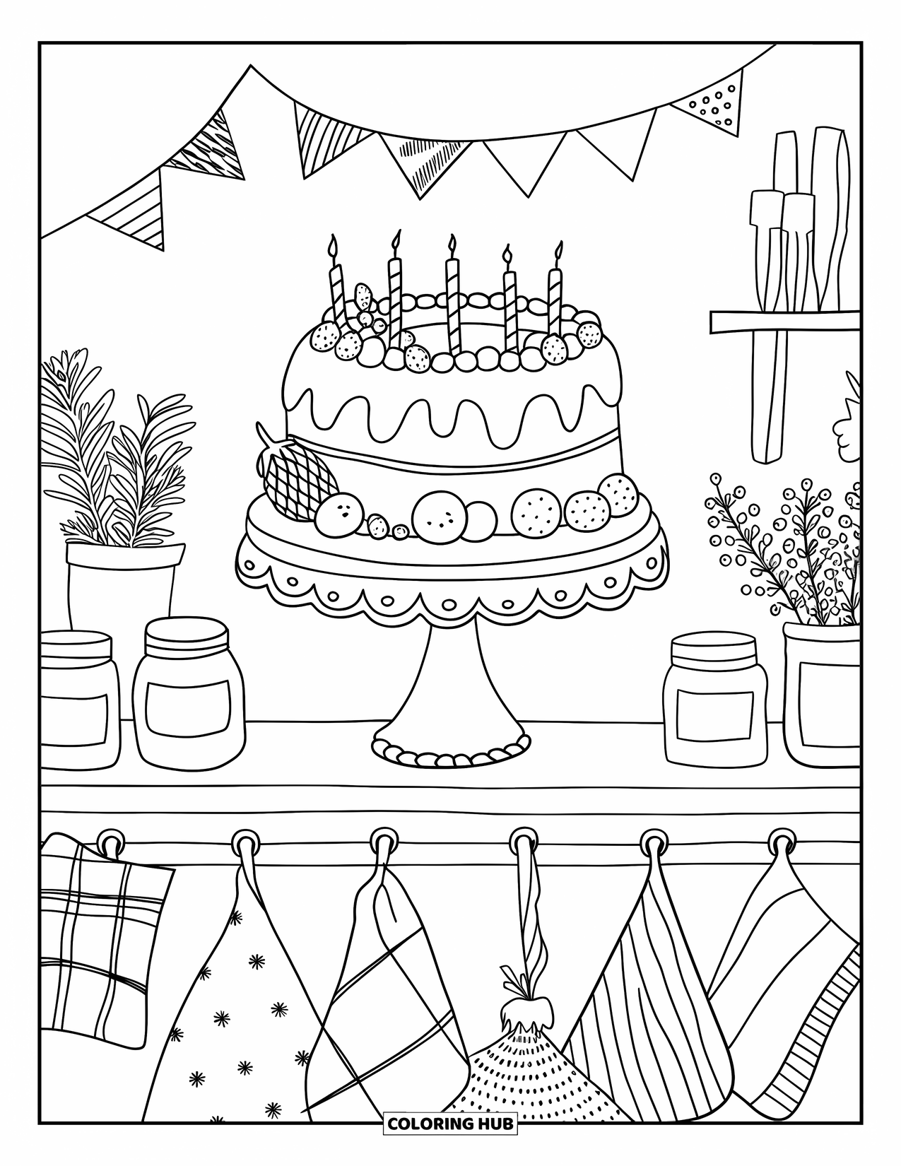 Birthday Cake Coloring Page for Adults: A festive cake on a scalloped stand sits above a cozy kitchen setup