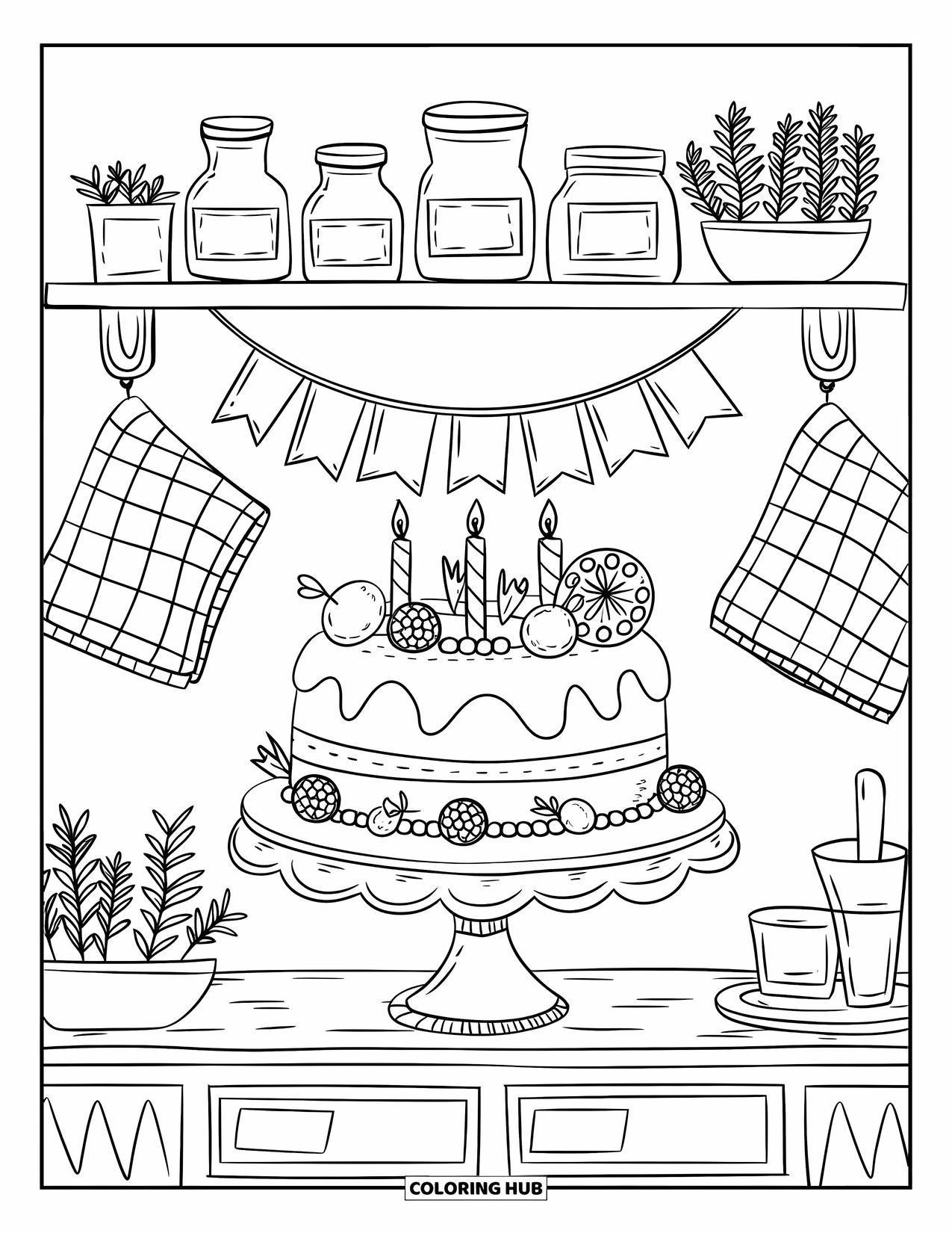 Birthday Cake Coloring Page for Adults: A fruit-topped cake on a stand rests near jars, herbs, and a birthday banner