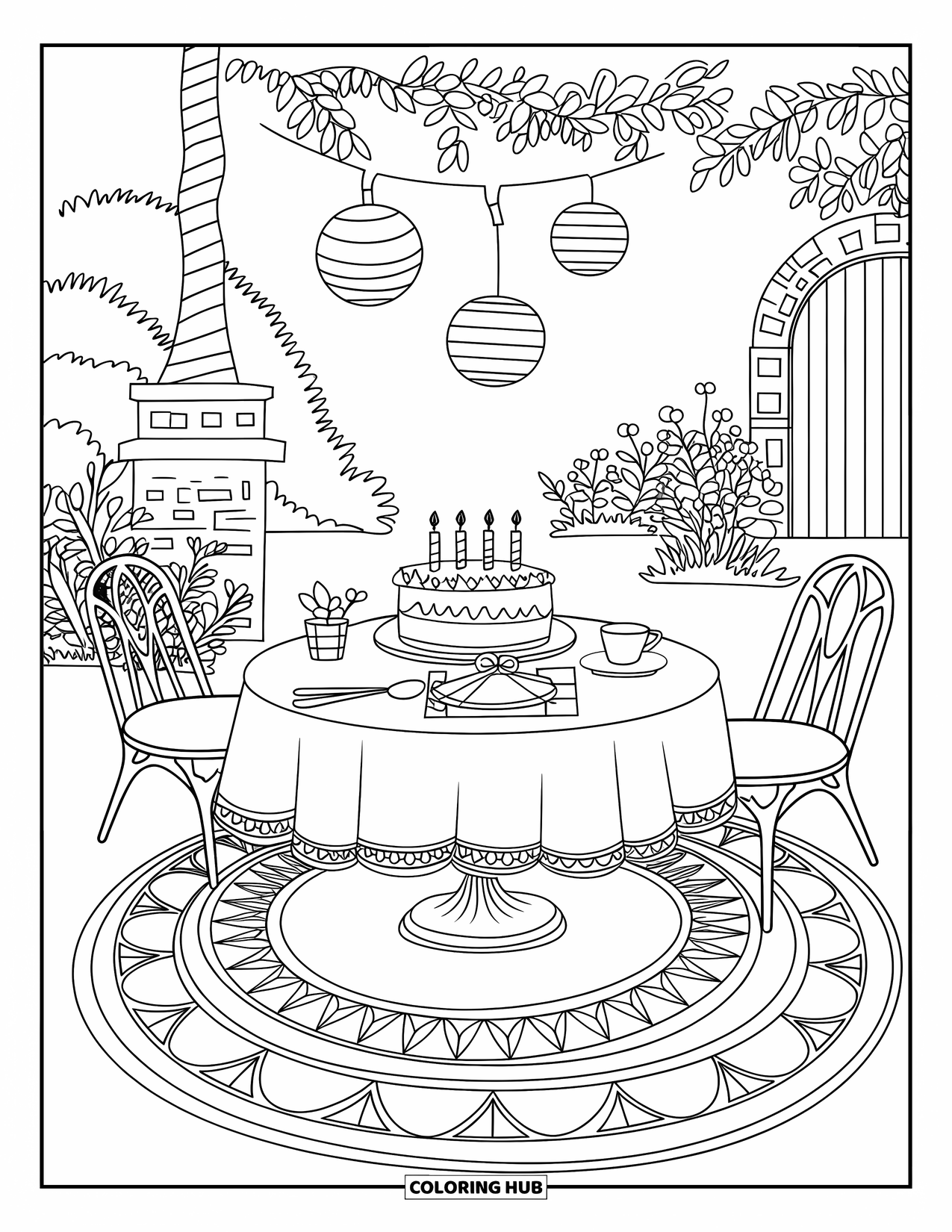 Birthday Cake Coloring Page for Adults: A garden party table with candles, tea, and lanterns sits near plants and stone details