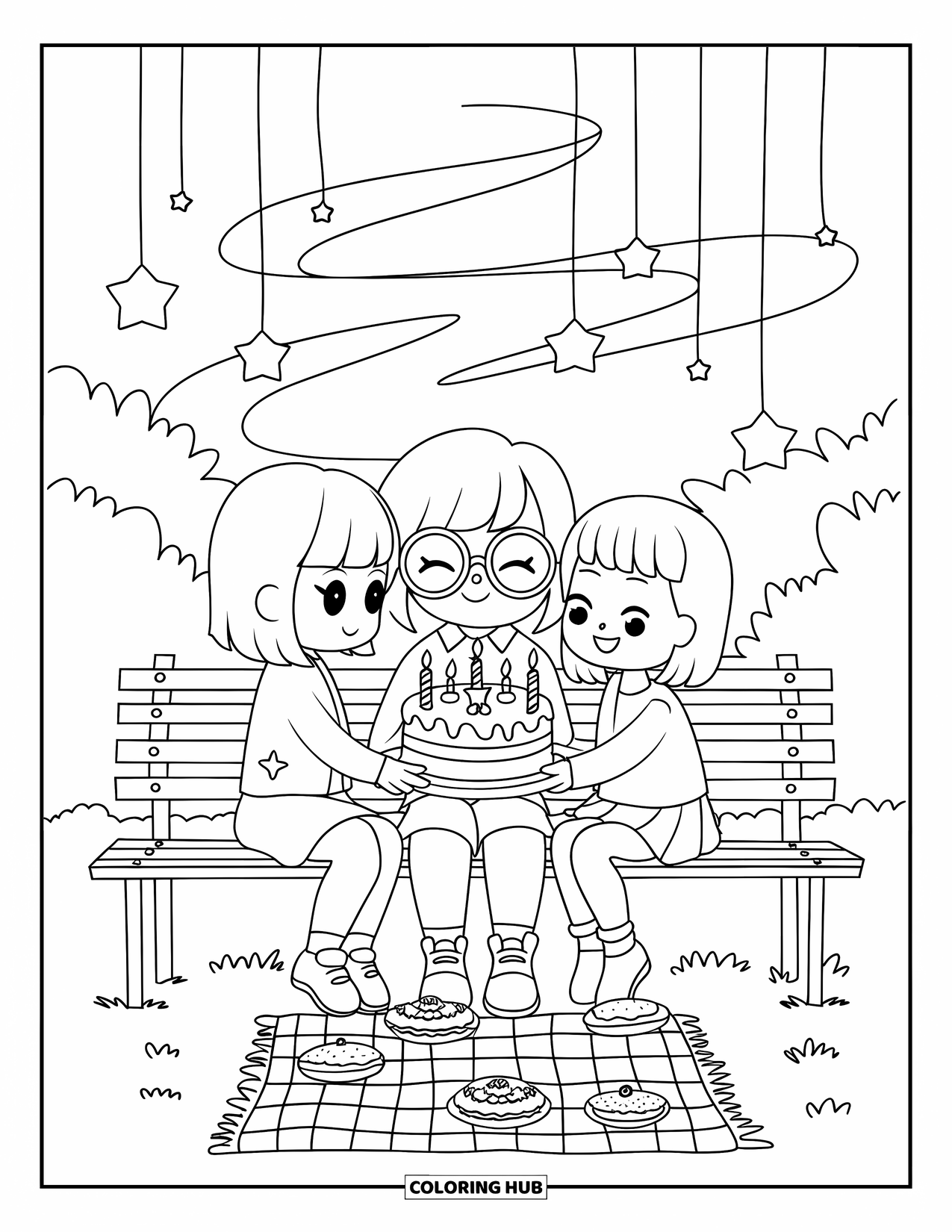 Birthday Cake Coloring Page for Adults: A girl with glasses receives a cake from friends on a breezy bench with treats