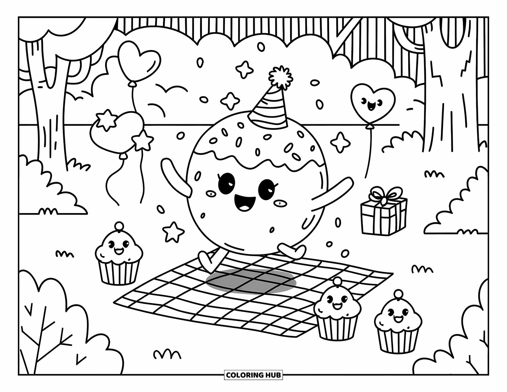 Birthday Cake Coloring Page for Adults: A joyful cake with a party hat bounces on a picnic blanket with cupcakes and balloons