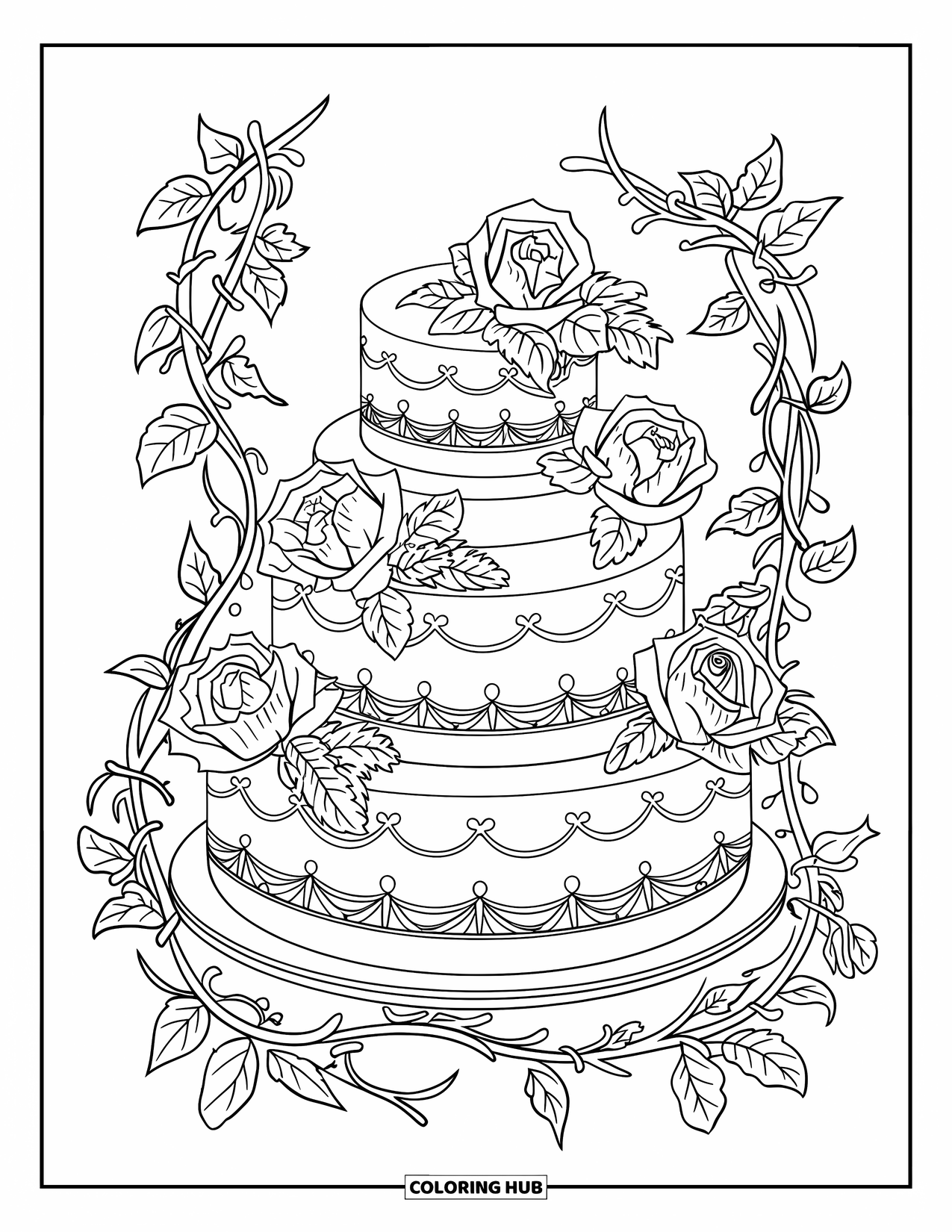 Birthday Cake Coloring Page for Adults: A layered cake wrapped in vines and roses creates an elegant vintage celebration scene