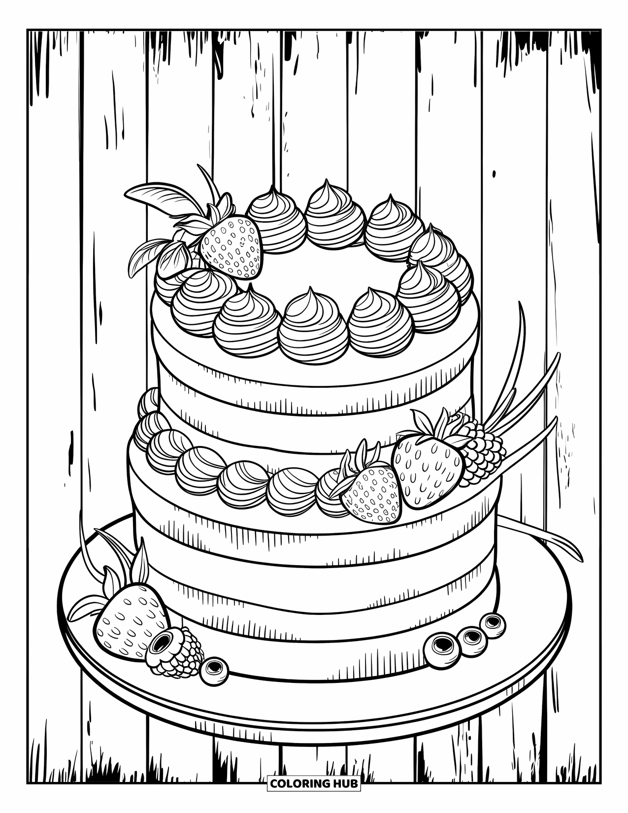 Birthday Cake Coloring Page for Adults: A layered fruit cake with piped cream and berries sits on a wooden board