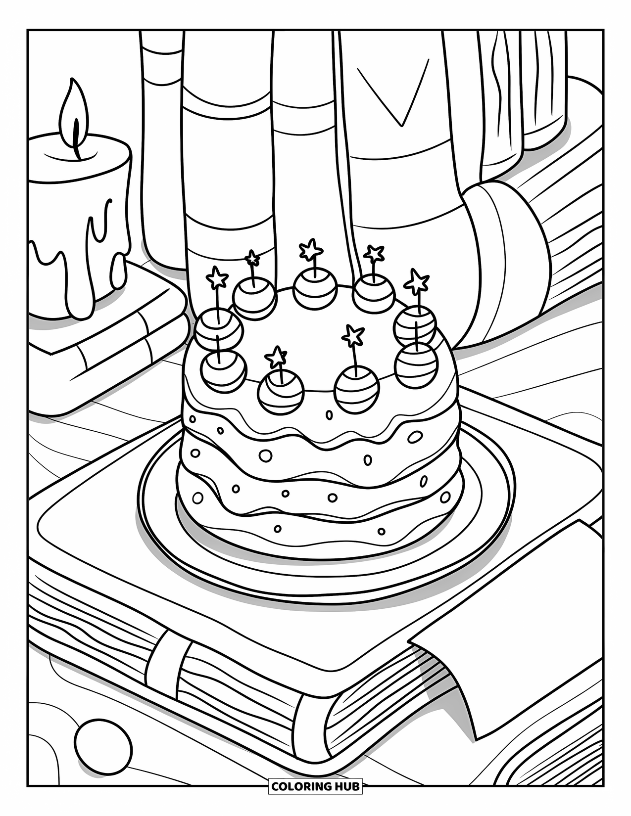 Birthday Cake Coloring Page for Adults: A small cake with star toppers rests on books with a candle and sweet note nearby