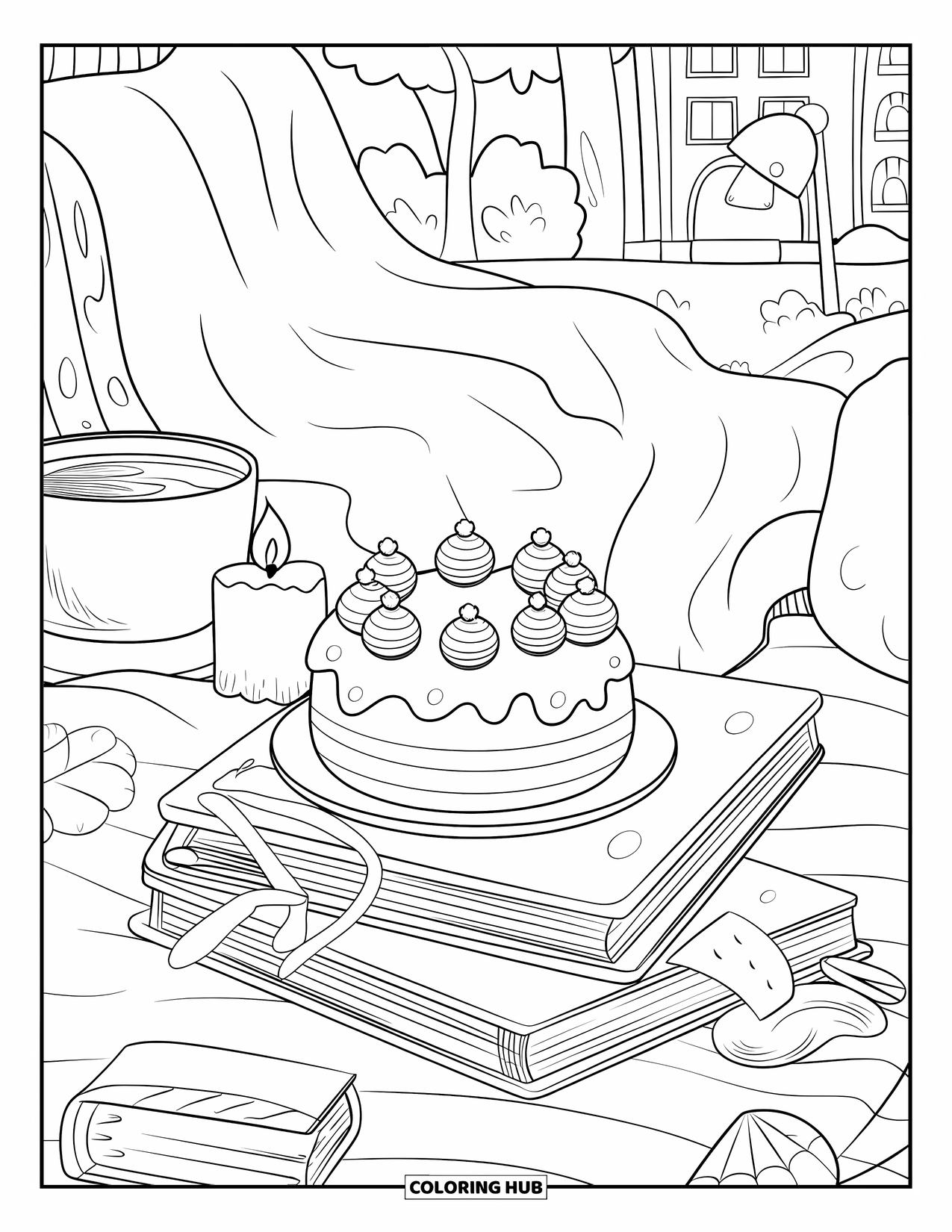 Birthday Cake Coloring Page for Adults: A small cake with stars sits on books beside a candle in a cozy reading nook