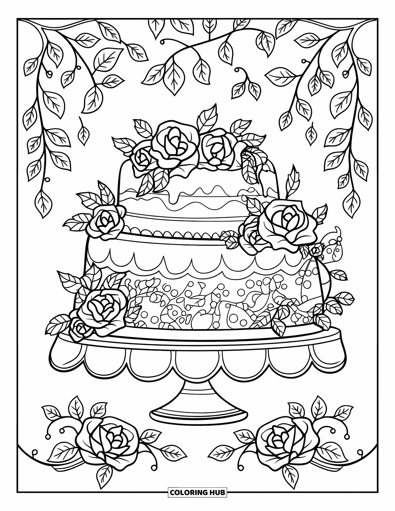 Birthday Cake Coloring Page for Adults: A vintage-style cake with floral vines sits on a stand surrounded by leafy patterns