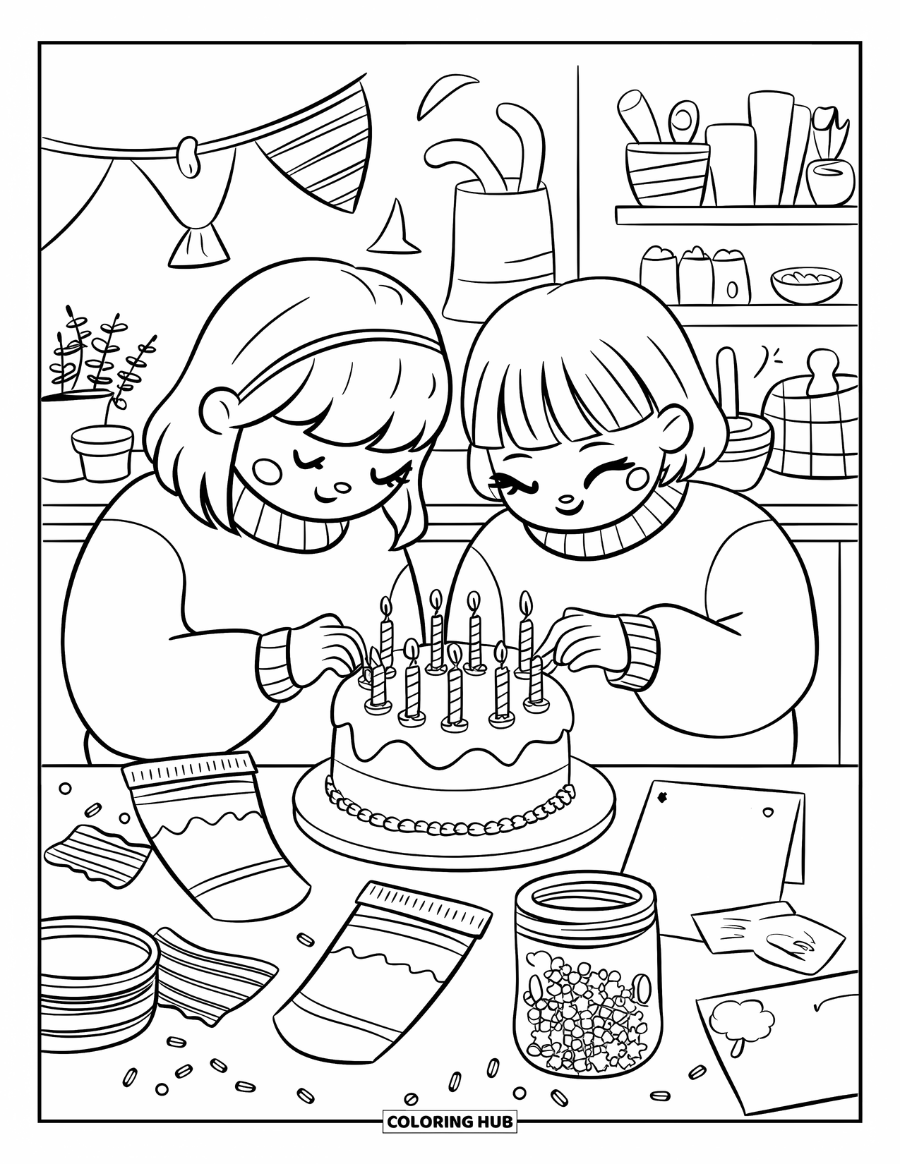 Birthday Cake Coloring Page for Adults: Best friends in sweaters add frosting and sprinkles to a birthday cake with joy