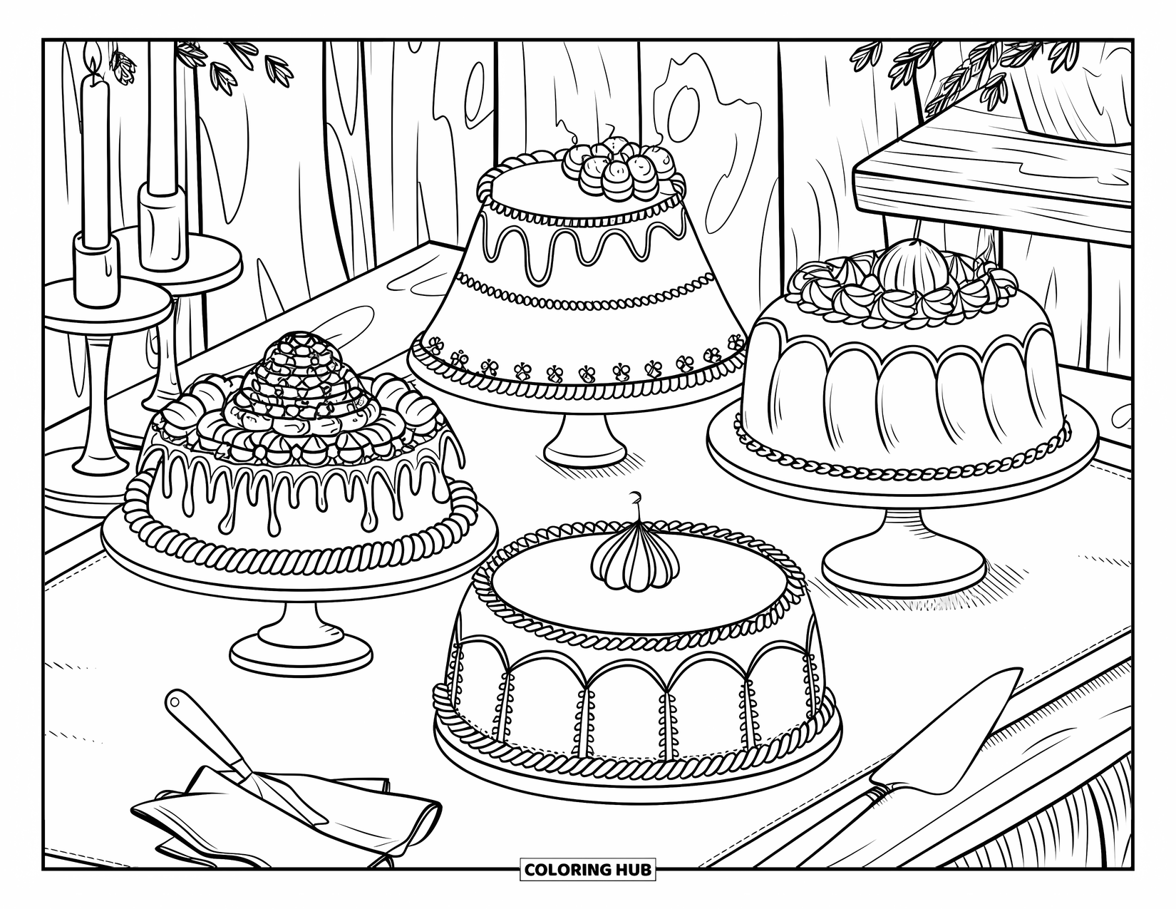 Birthday Cake Coloring Page for Adults: Five uniquely styled cakes sit on a table with candles, a knife, and greenery around