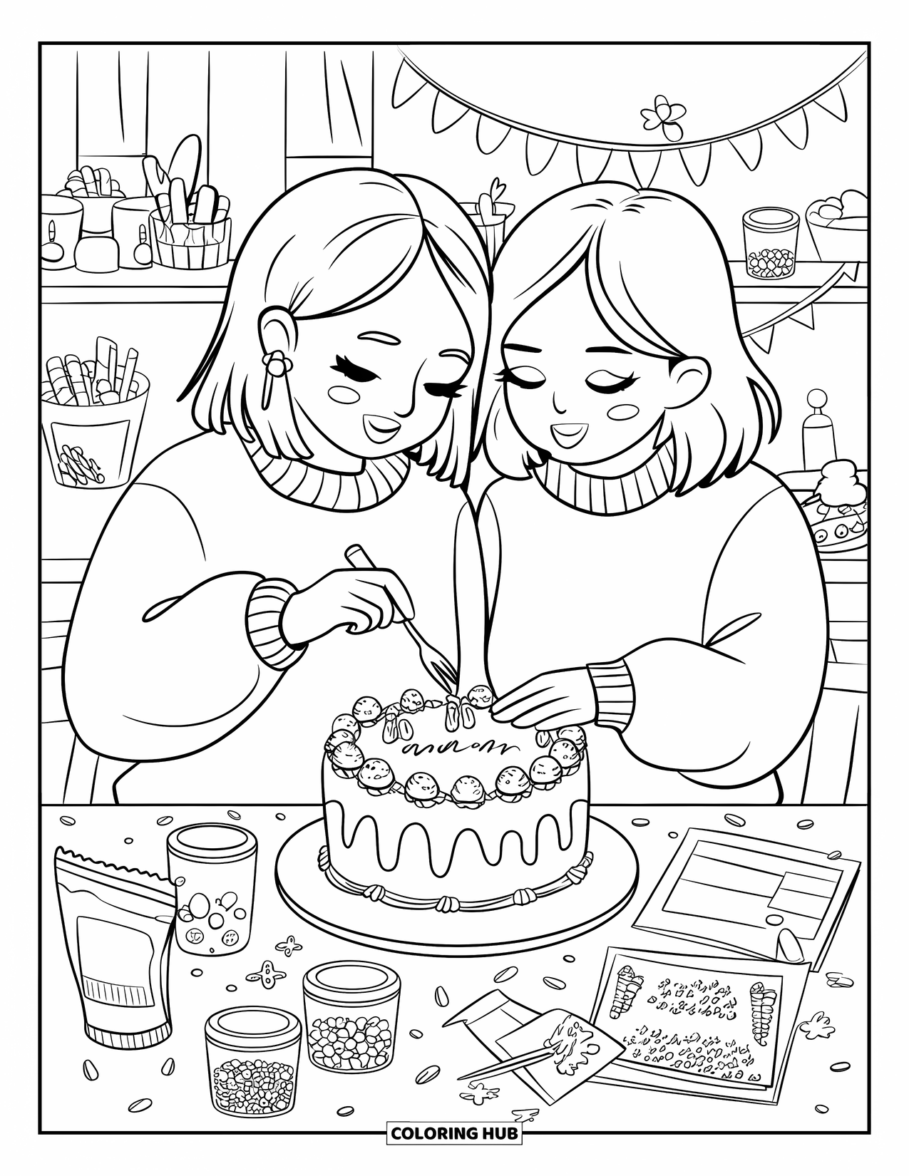 Birthday Cake Coloring Page for Adults: In a cluttered kitchen, two friends giggle while decorating a birthday cake together