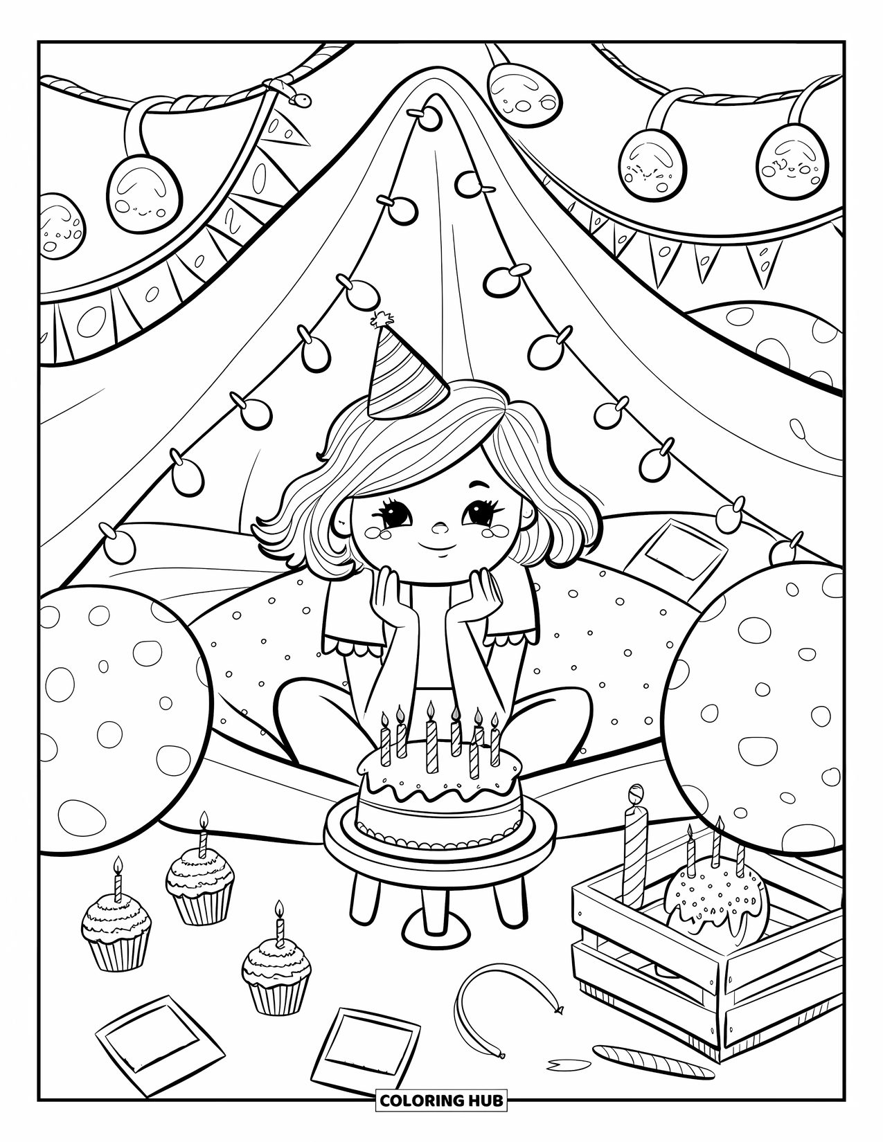Birthday Cake Coloring Page for Adults: Inside a cozy fort, a birthday girl enjoys cupcakes, cake, and glowing fairy lights