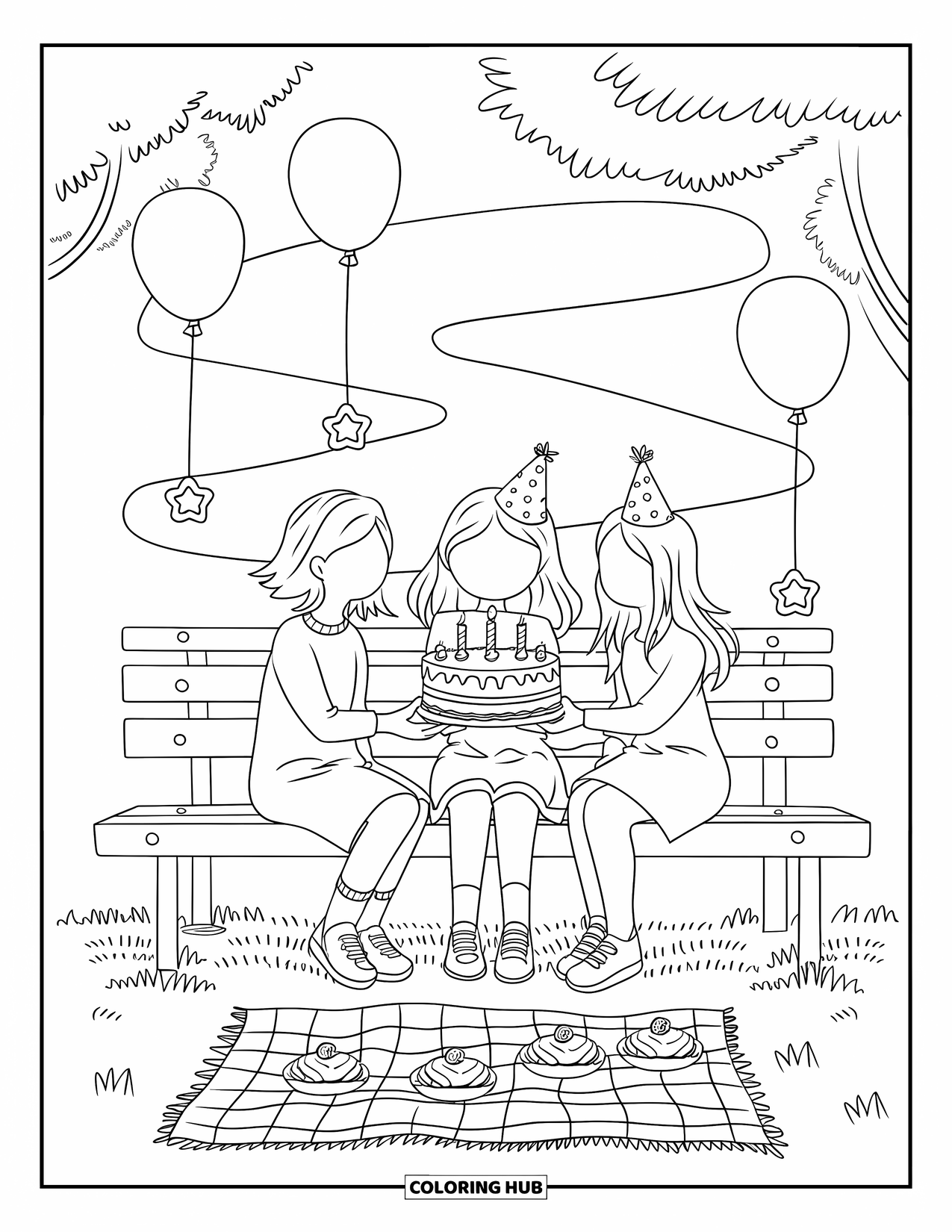 Birthday Cake Coloring Page for Adults: Two friends surprise a shy girl with cake as pastries and balloons sway in the breeze