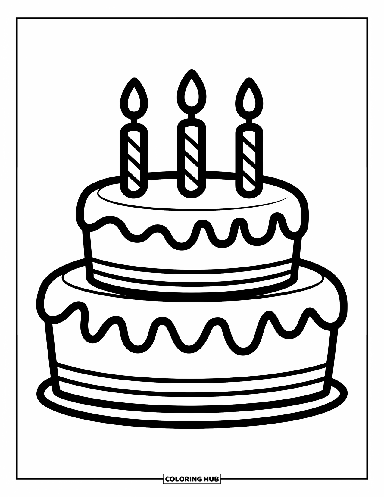 Birthday Cake Coloring Page for Kids: A big birthday cake with three candles and frosting lines looks ready to celebrate