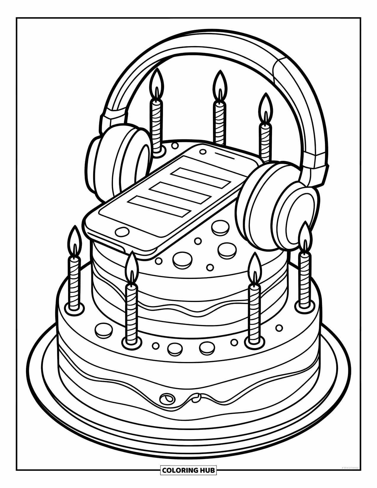 Birthday Cake Coloring Page for Kids: A birthday cake topped with a phone and headphones makes a tech-lover's dream